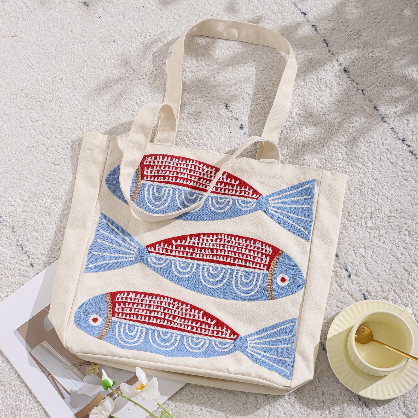 Ozean Stickerei Frauen Tasche Sommer Leinwand Strandtasche Wiederverwendbare Einkaufstasche Einkaufsbuch