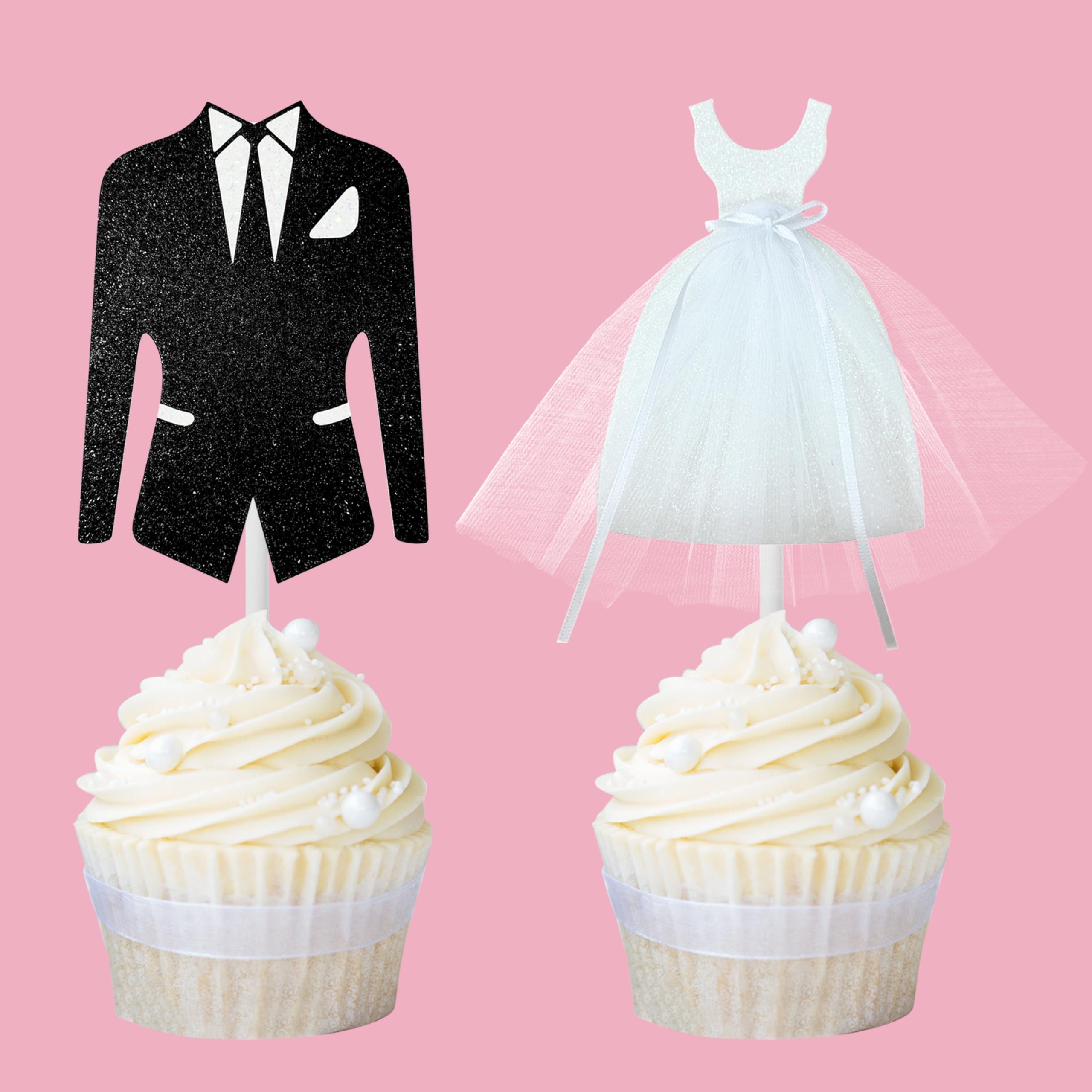 12Pcs Bridal Shower Cupcake Toppers Glitter White Tulle Dress Black Tuxedo Dress Cupcake Toppers Engagement Wedding Party Decorations for Bride Groom