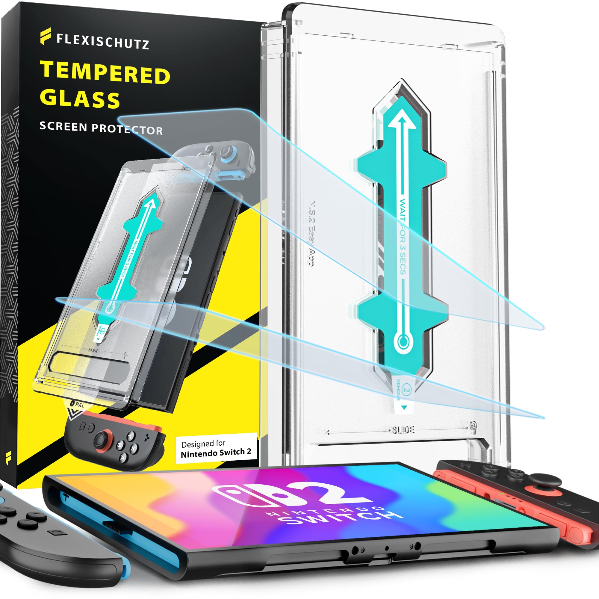 FlexiSchutz® Screen Protector Compatible with Nintendo Switch 2 [2-Pack], Tempered Glass Screen Protector with Easy Installation Tray, HD Clear Glass Film Display Protection