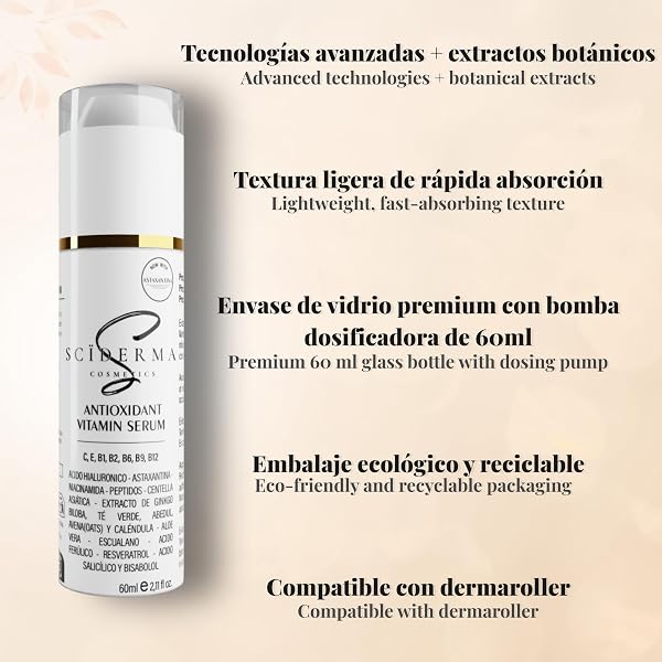 60 ml Serum Vitamin C, ASTAXANTHIN, VITAMIN E, B1, B2, B6, B9, B12 AND Ferulic Acid - Niacinamide, Hyaluronic Acid, Peptides, Resveratrol, Centella Asiatica, Aloe – FACIAL GLOW AND DEPIGMENTANT SERUM - 4