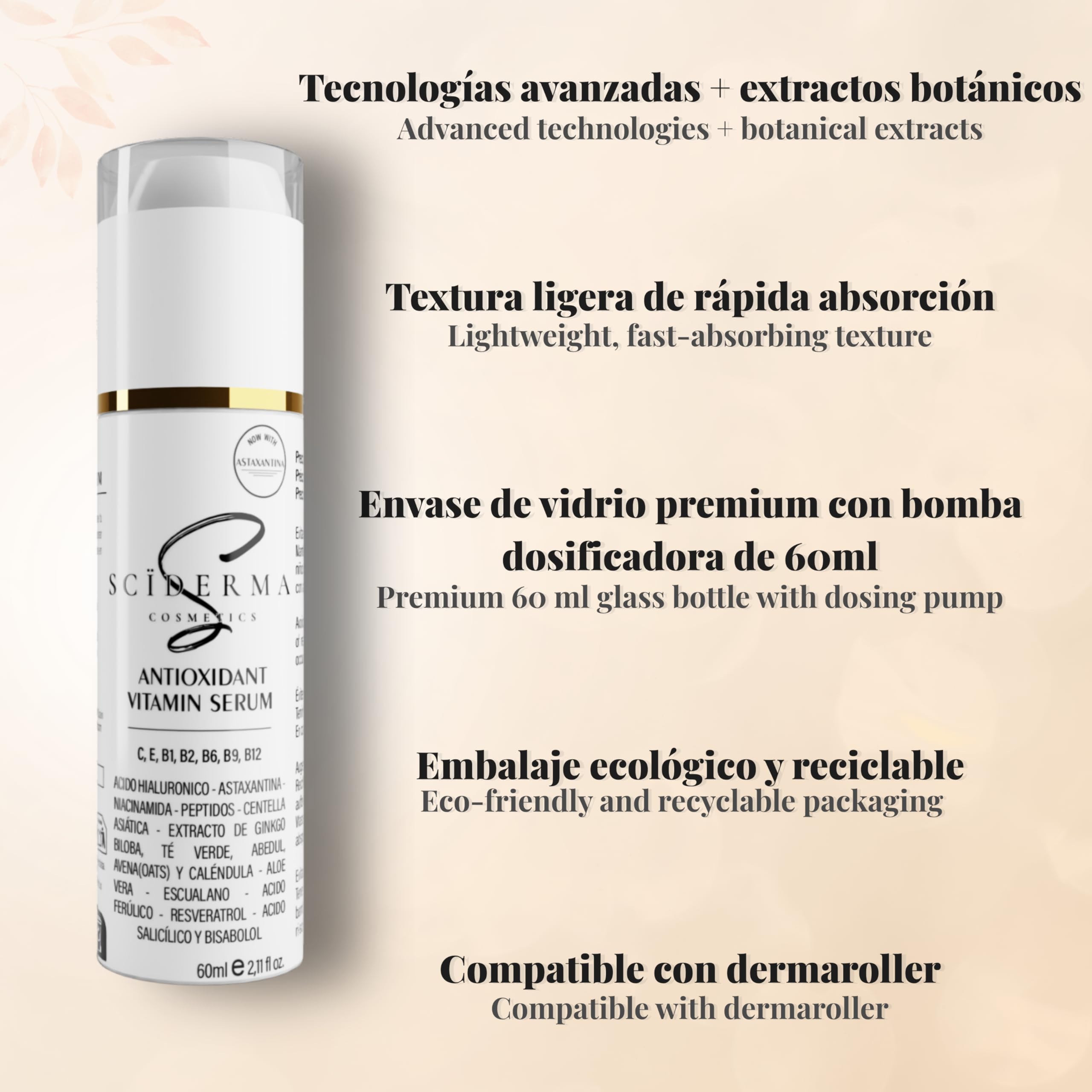 60 ml Serum Vitamin C, ASTAXANTHIN, VITAMIN E, B1, B2, B6, B9, B12 AND Ferulic Acid - Niacinamide, Hyaluronic Acid, Peptides, Resveratrol, Centella Asiatica, Aloe – FACIAL GLOW AND DEPIGMENTANT SERUM — view 4