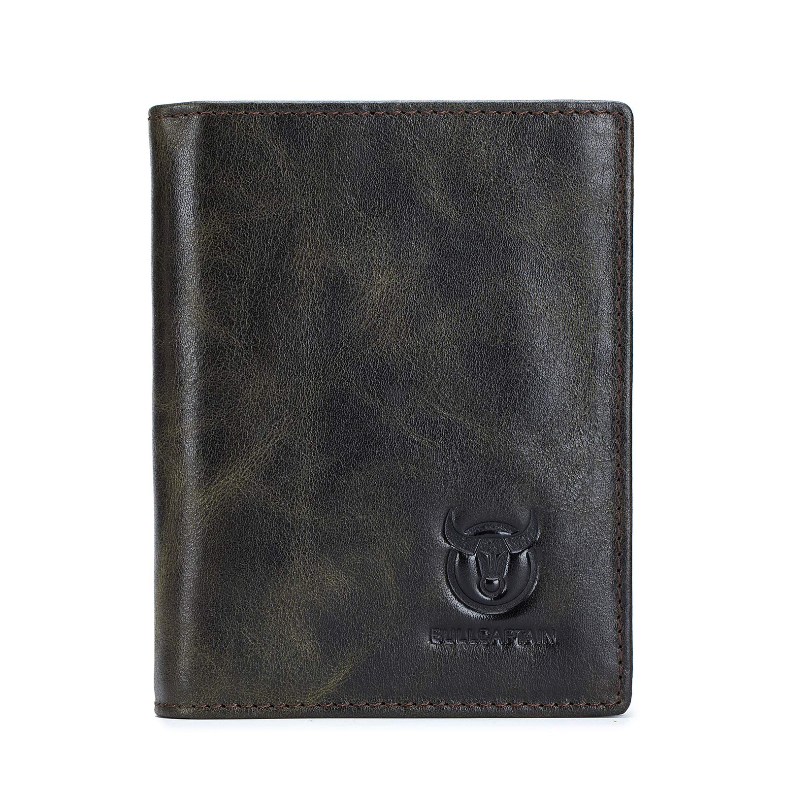 BULLCAPTAINRFID Blocking Bifold Wallet For Men Genuine Leather Extra Capacity Mens Bifold Wallet With Widening Design QB027, Forest Green, Small, Retro