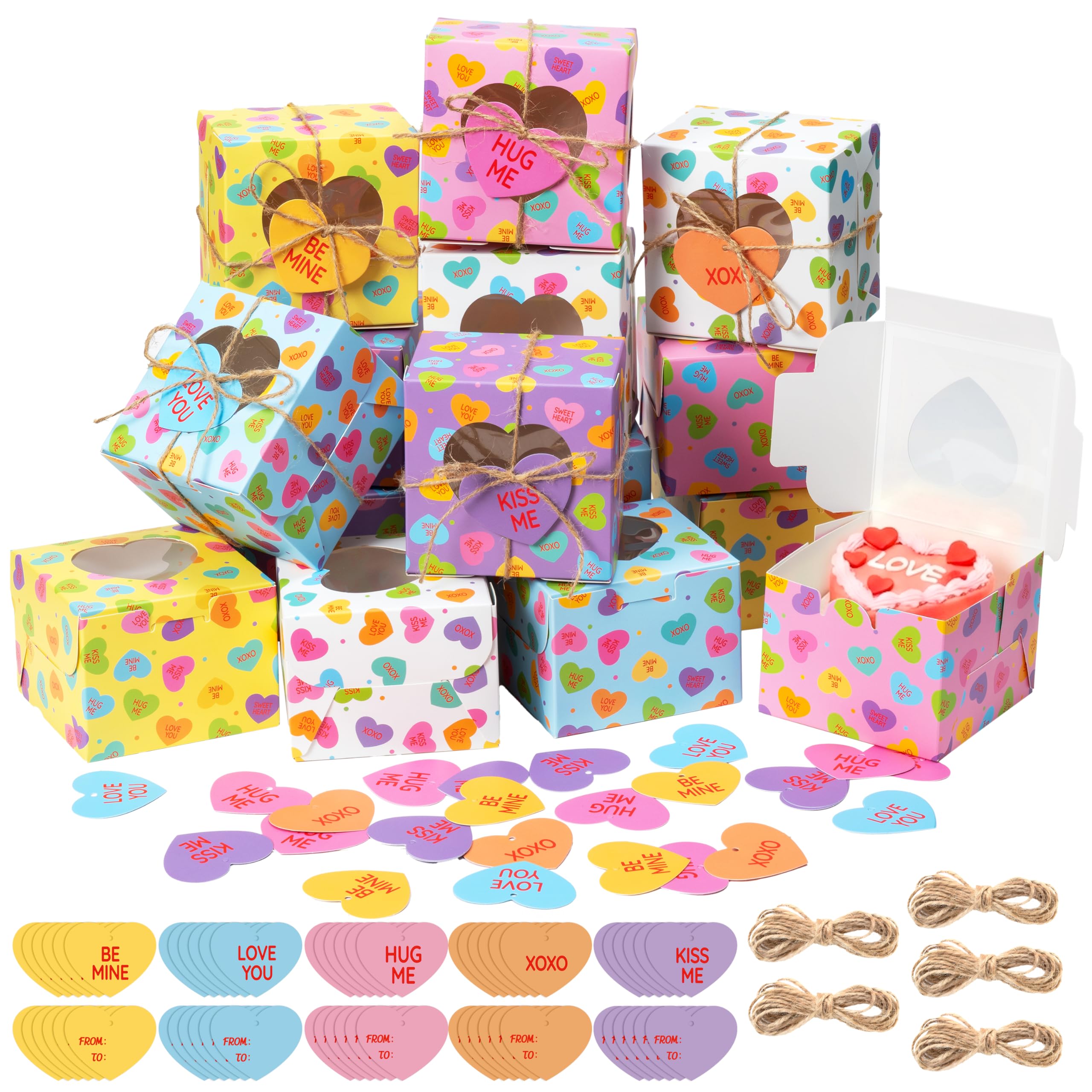 Valentine's Day Bakery Treat Boxes - 50Pcs Mini Valentines Candy Cookie Boxes with Heart Window, Cupcake Containers with Heart Shaped Cards for Valentine's Day Party Cookie Cupcake Packaging