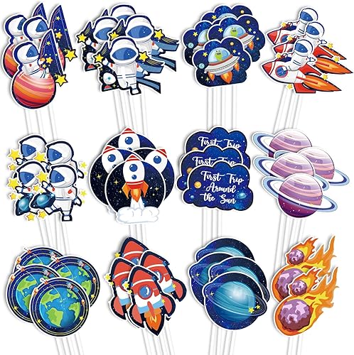 Whaline 72 piezas de decoración para cupcakes del espacio exterior, 12 diseños, astronautas, cohetes, naves espaciales, palillos de comida con