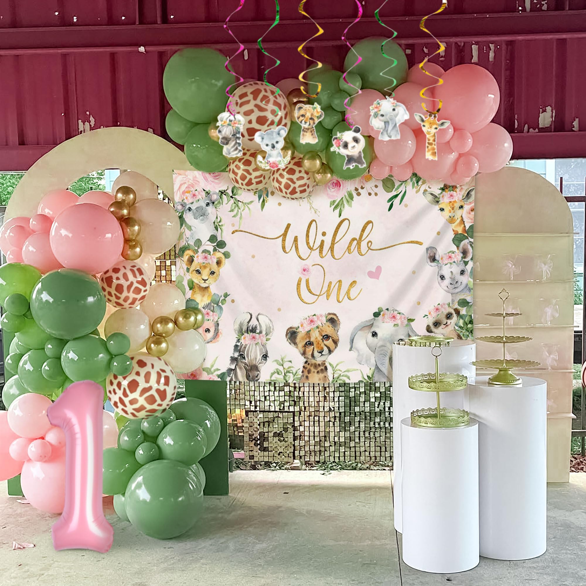 Wild One Birthday Party Decorations Pink Jungle 1st Birthday Decorations for Girls Safari Sage Green Balloon Animal Jungle Theme Party Suplies