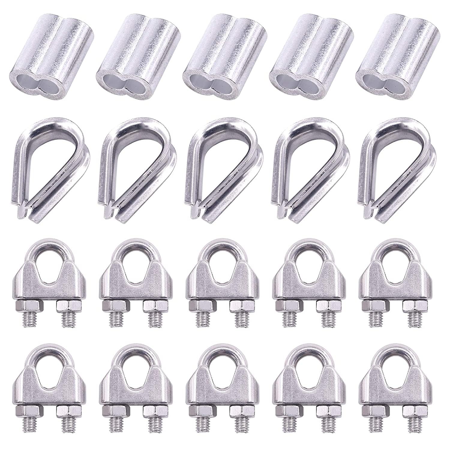 Morsetti Per Fune 24 pz 304 Morsetti for cavi in ​​acciaio inossidabile for fune metallica Ditale e kit di assortimento manicotti for crimpatura in alluminio da 8 mm