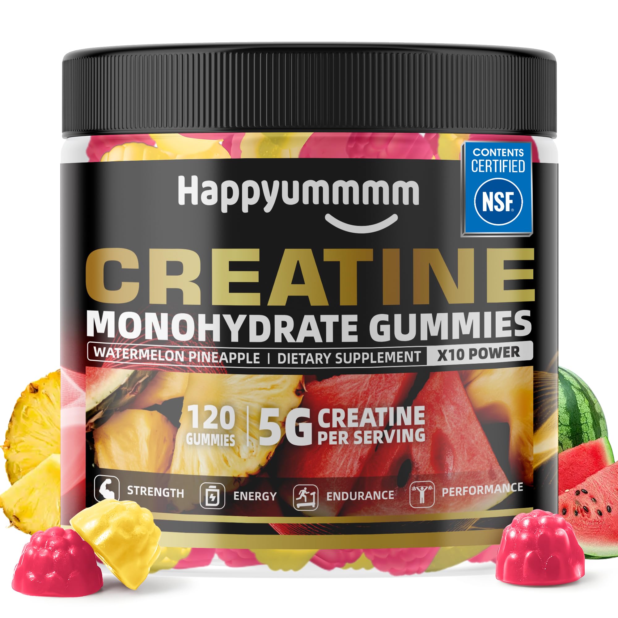 NSF Certified Creatine Gummy 5g - Creatine Monohydrate Gummies for Men & Women - Boost Focus,Strength, and Endurance, Anti-Melting Formula, Vegan, Gluten-Free, Non-GMO, Pineapple and Watermelon 120 ct