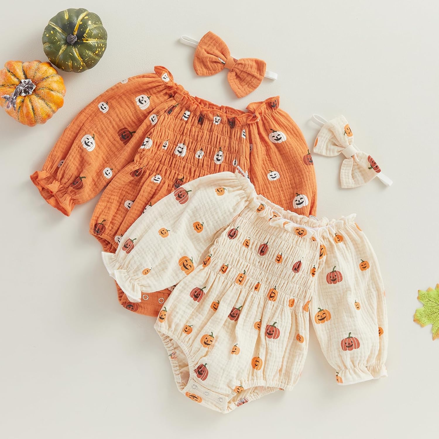 Gueuusu Newborn Baby Girl Fall Outfit Pumpkin Long Sleeve Cotton Linen Romper Smocked Bodysuit with Headband Set - Image 2