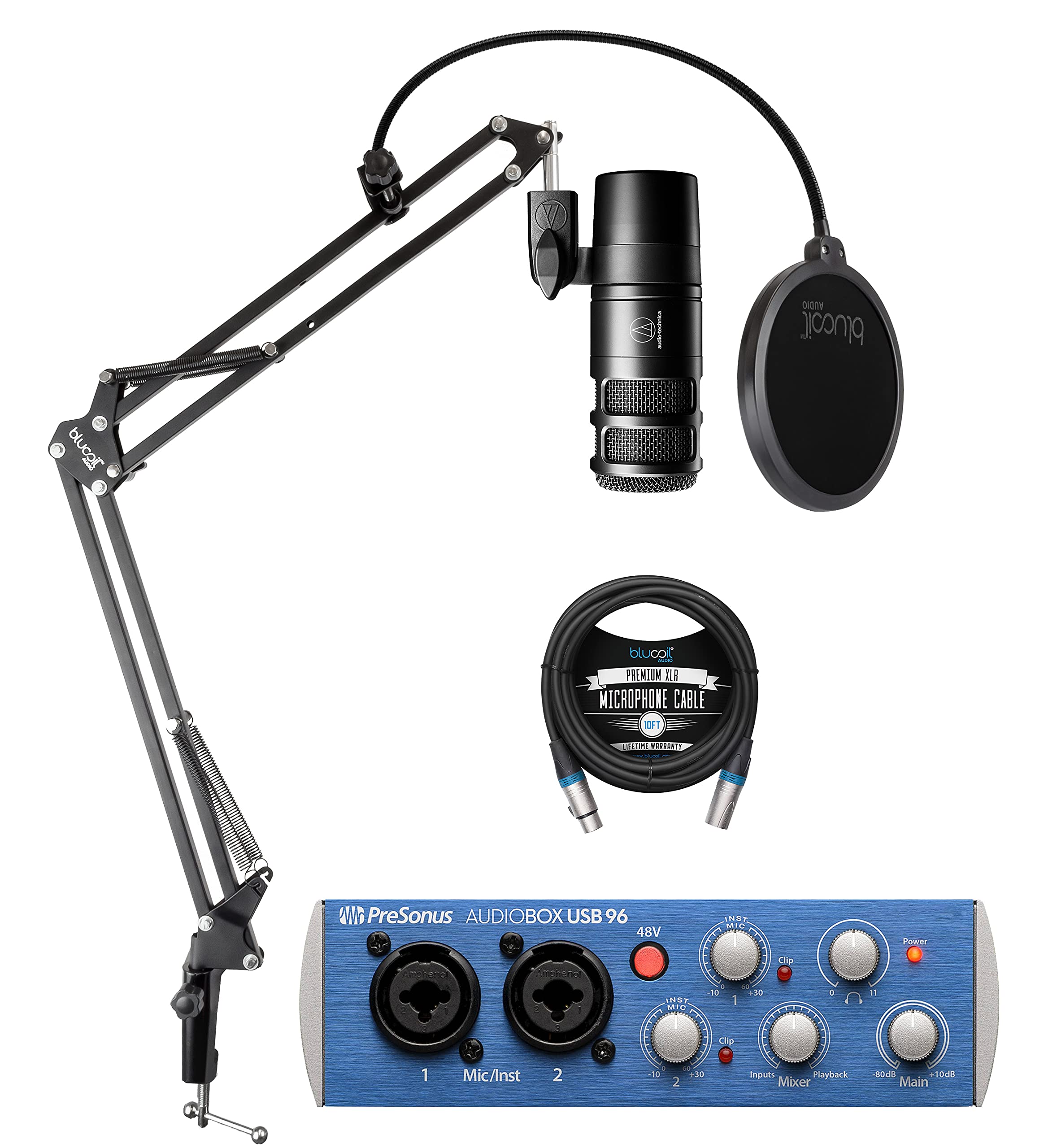 Audio Technica AT2040 Hypercardioid Dynamic Podcast Microphone Bundle with PreSonus AudioBox USB 96 