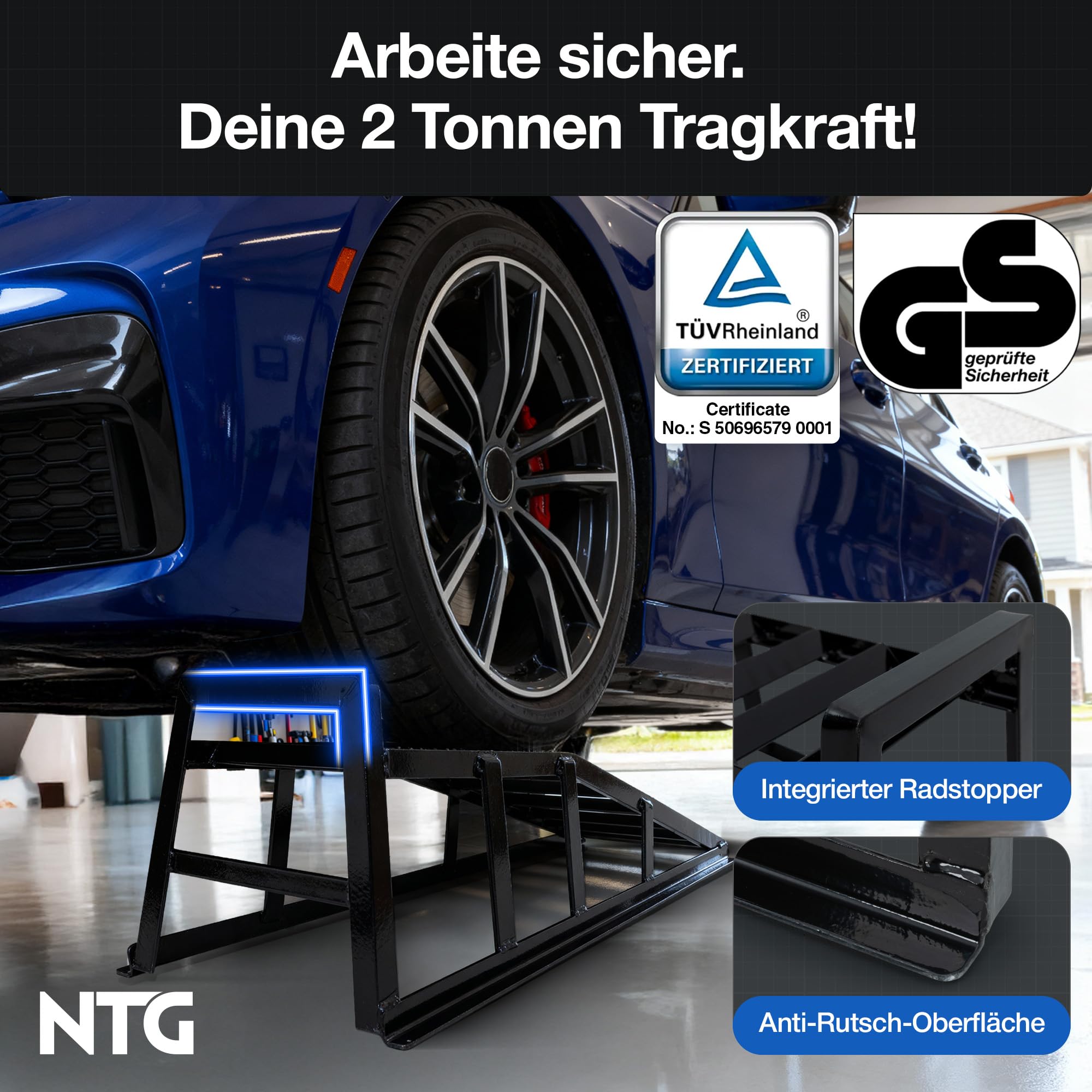 NTG Rampa profesional para coche, juego de 2 toneladas (2000 kg), rampas extraanchas de 225 mm, ángulo de entrada de 20°, resistente a la corrosión, recubrimiento en polvo, color negro, ayuda para