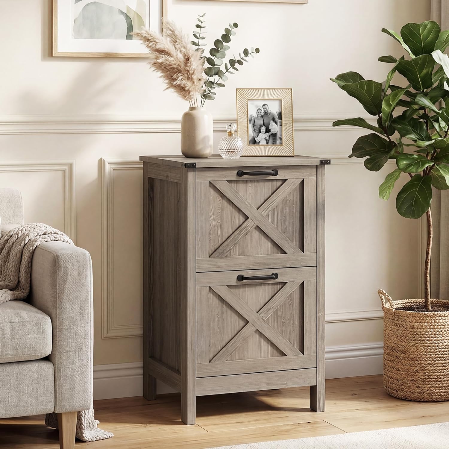 2 Drawer File Cabinet, Farmhouse Vertical Filing Cabinet, Large Wood File Storage Cabinets for 200 Files, Under Desk Small Wooden Printer Stand for Home Office, Rustic Grey