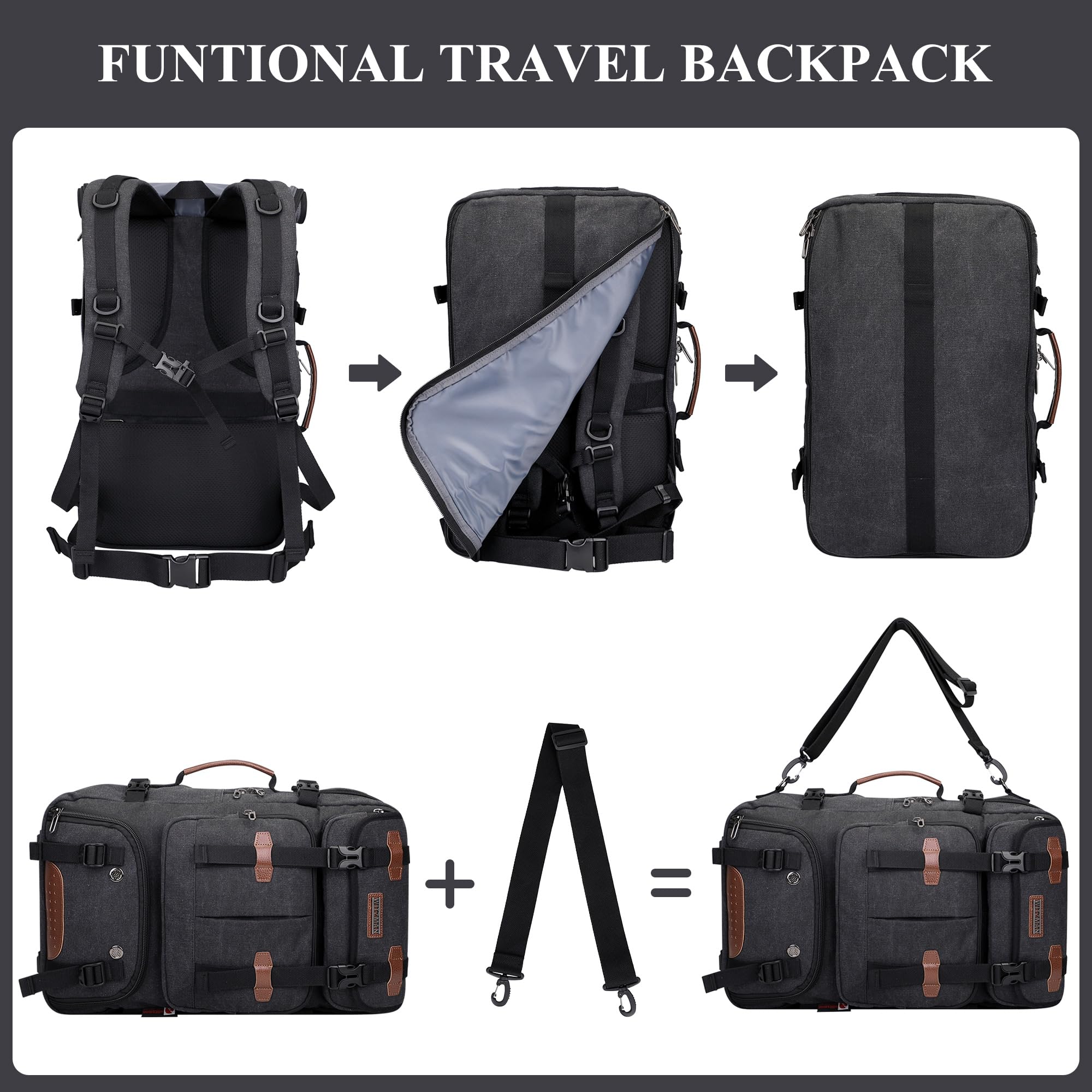 WITZMAN Canvas Reiserucksack Herren 40L Vintage 3-in-1 mit Laptopfach | USB-Anschluss, mehrere Fächer und flexible Tragemöglichkeiten, ideal für Reisen, Arbeit und Kurztrips, A8013 Schwarz