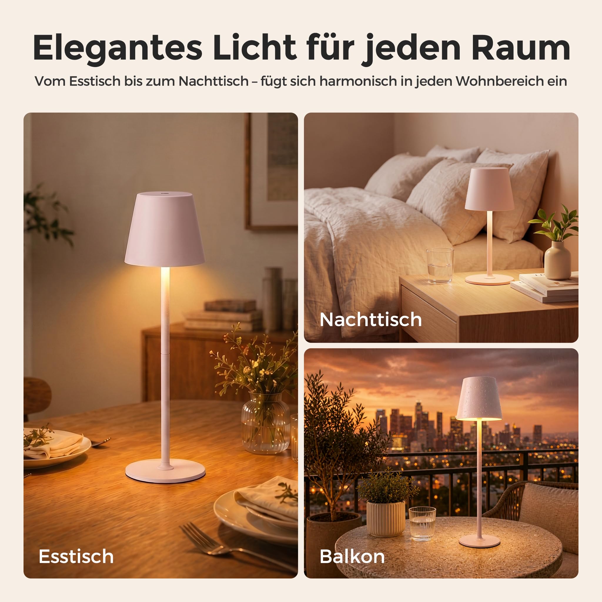 LED Tischlampe Kabellos 2er Set, Tischleuchte für Outdoor Indoor | Akku Nachttischlampe Touch, Stilllicht, 3 Farbmodi & Stufenlos Touchdimmbar, 2 Höhen, Vollmetall, IP54, 5300 mAh, Rosa-Beige