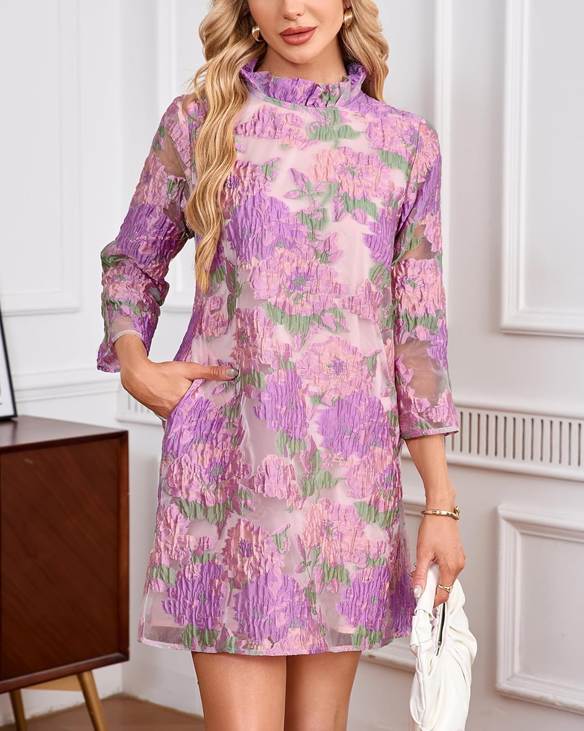 Women's Floral Jacquard Shift Dress Mini 3/4 Sleeve Ruffle Collar Bow Tie Elegant Cocktail Party Sheer Mesh Dresses - Image 4