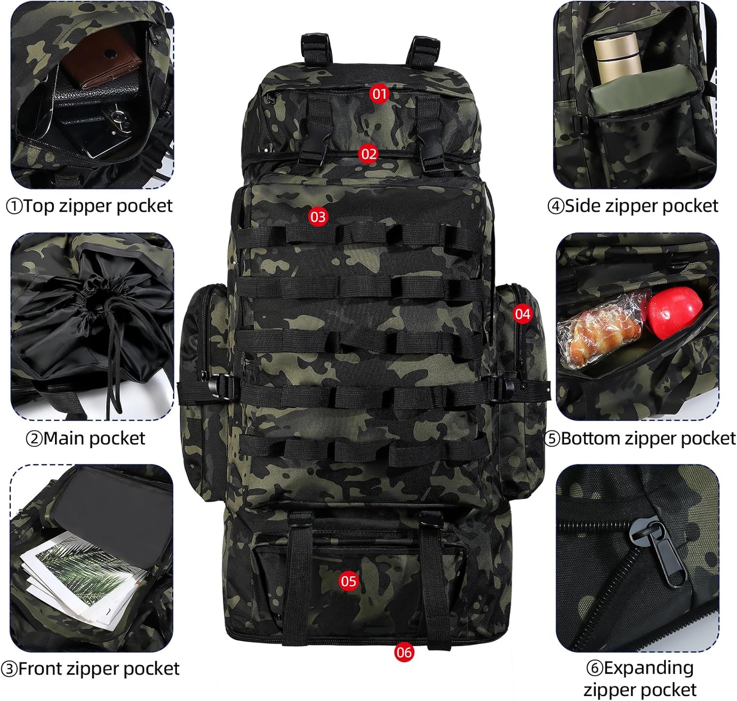 70L/100L Camping Hiking Backpack with Rain Cover, Expandable Large Military Tactical Backpack, Waterproof Molle Racksack Travel Backpacking Daypack for Climbing Trekking (Black CP) - Image 3