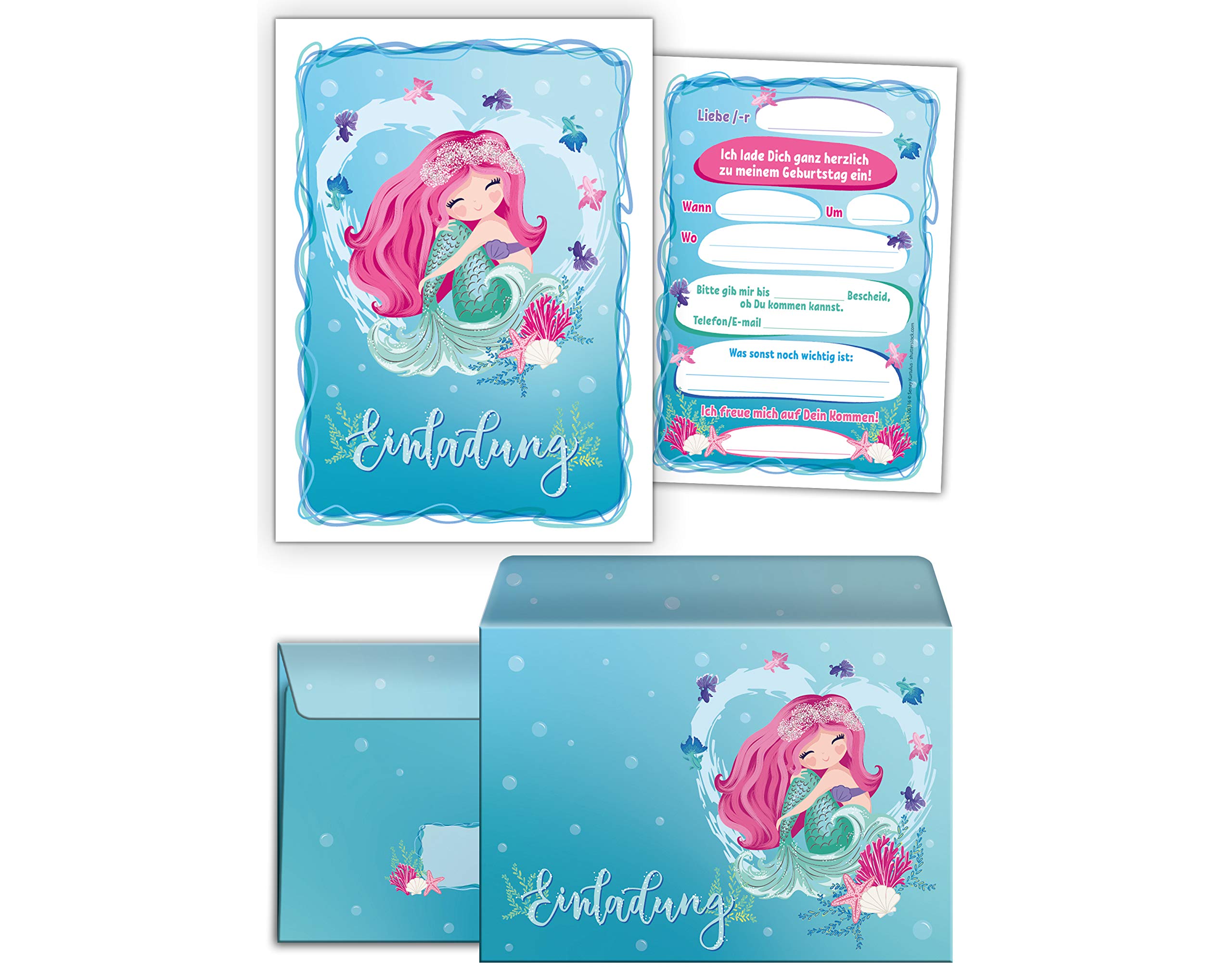 JuNa-Experten 12 Einladungskarten zum Kindergeburtstag Meerjungfrau – Coole Einladungen für Mädchen, Bunte Geburtstagseinladungen inkl. 12 Umschläge