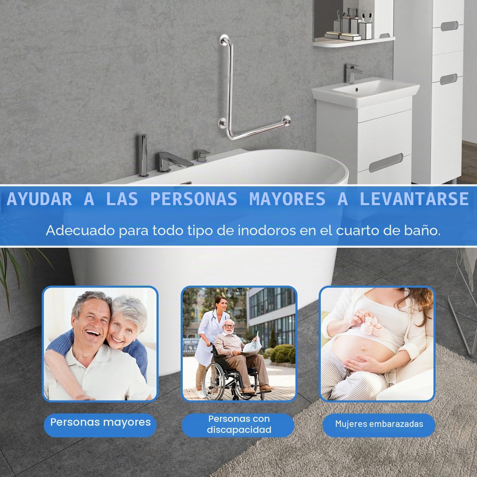 Mango de seguridad para baño, acero inoxidable pulido, 70 x 50 cm, mango en forma de L, para duchas, ángulo vertical, rieles de seguridad antideslizantes, para mujeres embarazadas, personas mayores y