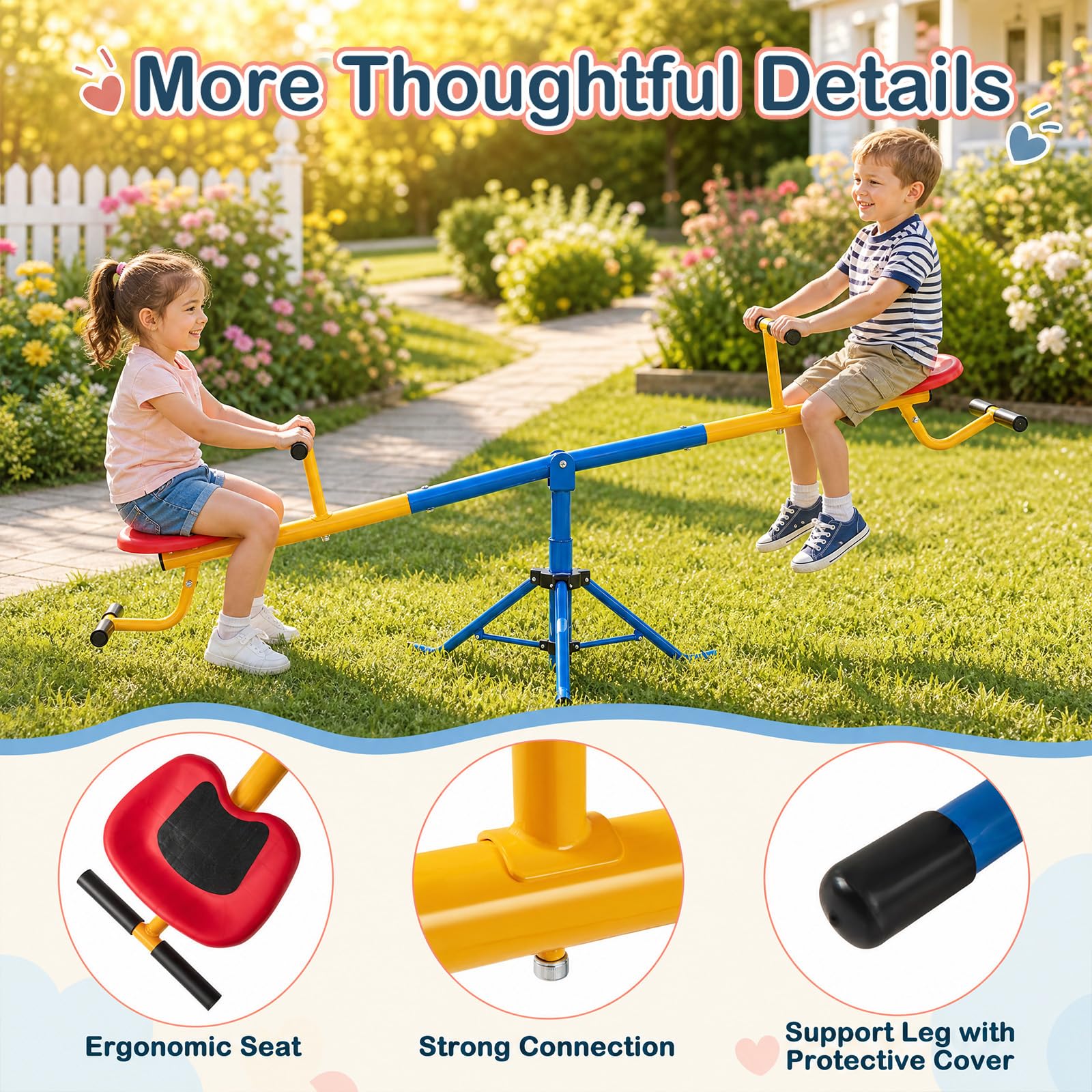 HOMASIS Balançoire à bascule pour enfants 2 places, Bascule d'extérieur avec rotation à 360° et verrou pour les jambes, jusqu'à 60 kg de charge, balançoire à bascule pour jeunes enfants de 3 à 8 ans