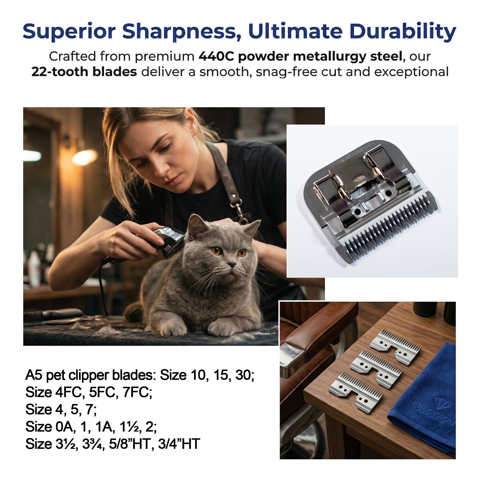 3 cuchillas de repuesto para cortapelos para mascotas compatibles con Andis 64440, compatible con Oster A5, compatible con Wahl KM Series, acero de metalurgia en polvo 440C, HRC 58-60, 22 dientes