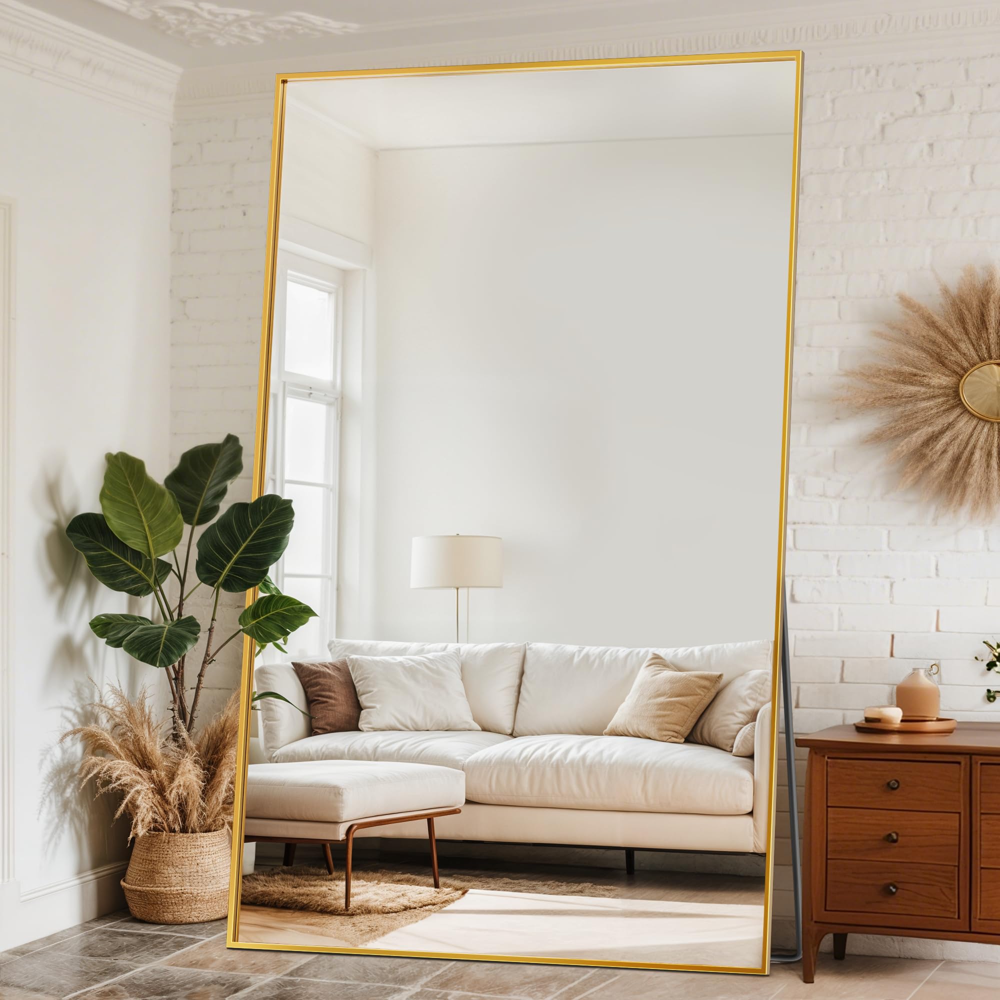 Antok Full Length Mirror, 46"x86" Oversized Floor Mirror with Stand for Bedroom, Living Room Cloakroom, Gold, Rect Style