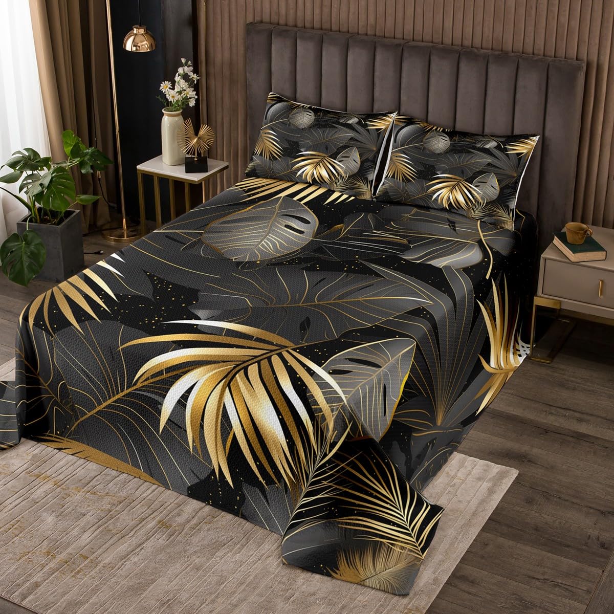 Erosebridal Palm Leaves Coverlet Set Queen Size,Tropical Bedspread for Teens Child Young,Botanical Jungle Bedding Set,Plant Tree Leaf Decor Quilt Set