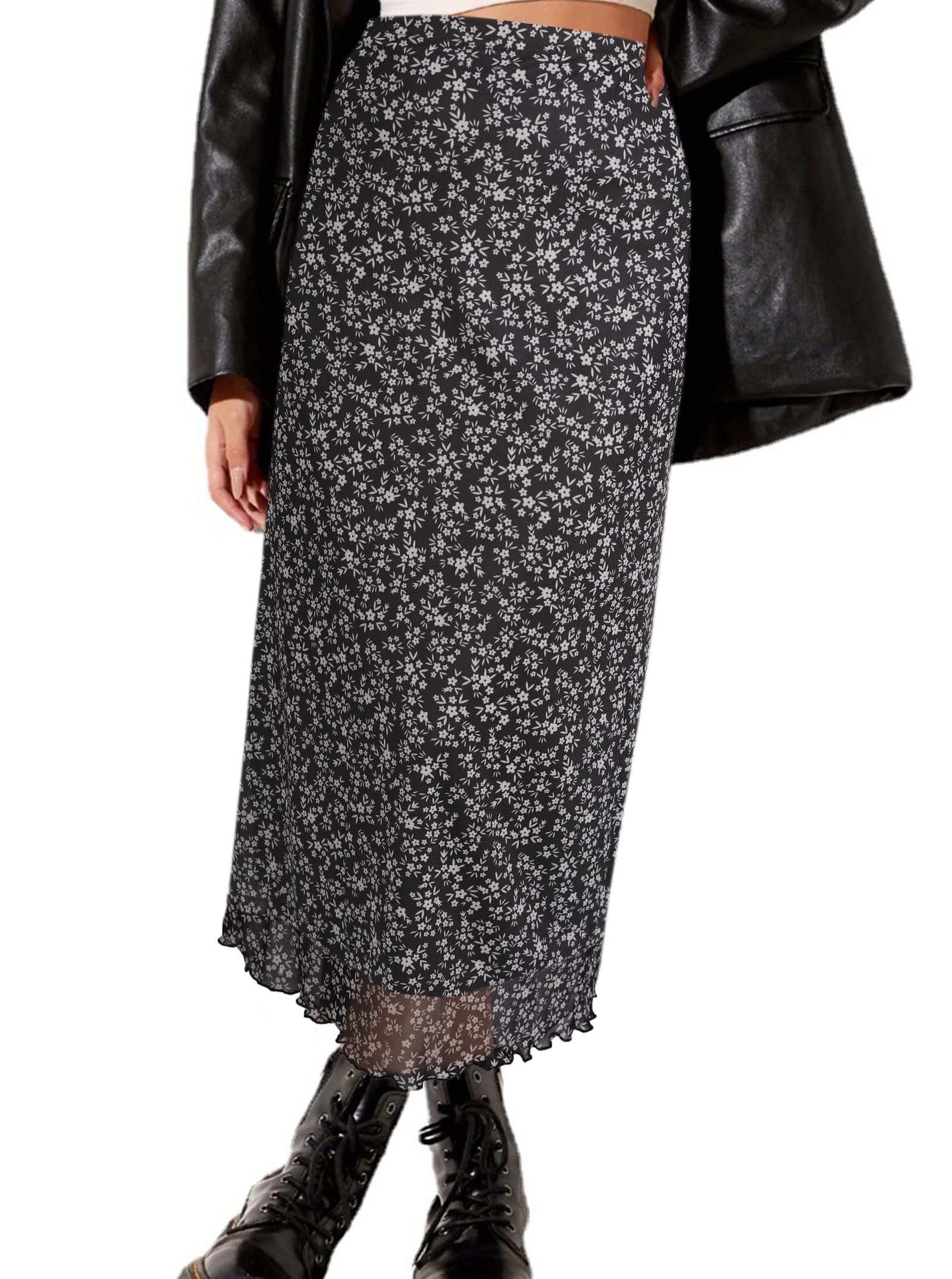Avanova Women Mesh Floral Boho High Waist Midi Skirt Lettuce Trim Summer A Line Skirt