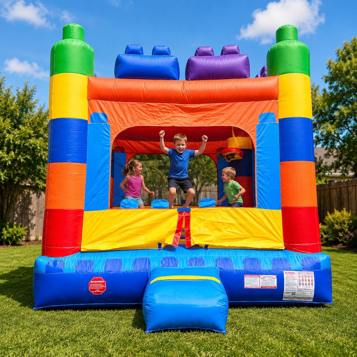 Crossover Building Blocks Inflatable Bounce House for Kids and Toddlers, 13 x 12 x 14.5 Foot Bouncy Jump Castle Backyard Jumper, Commercial-Grade Vinyl, with Blower, Stakes and Storage Bag
