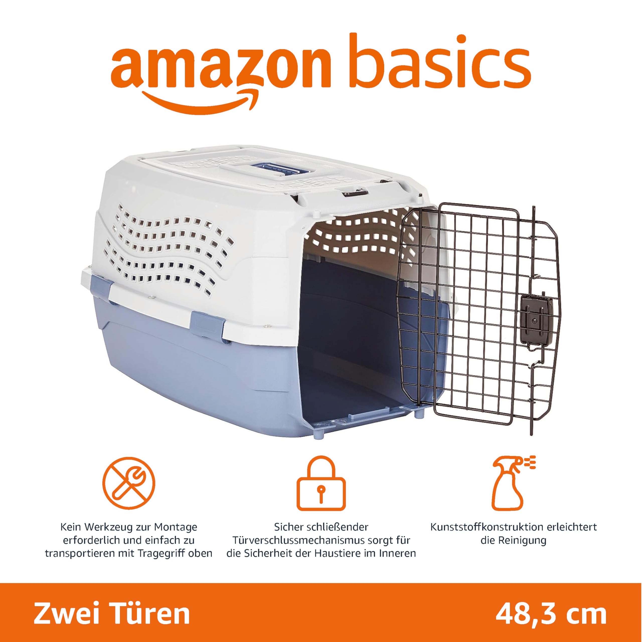 Amazon Basics Hund Transportbox für Haustiere, 2 Türen, 1 Dachöffnung, L 48 x B 32 x H 25 cm, Blau