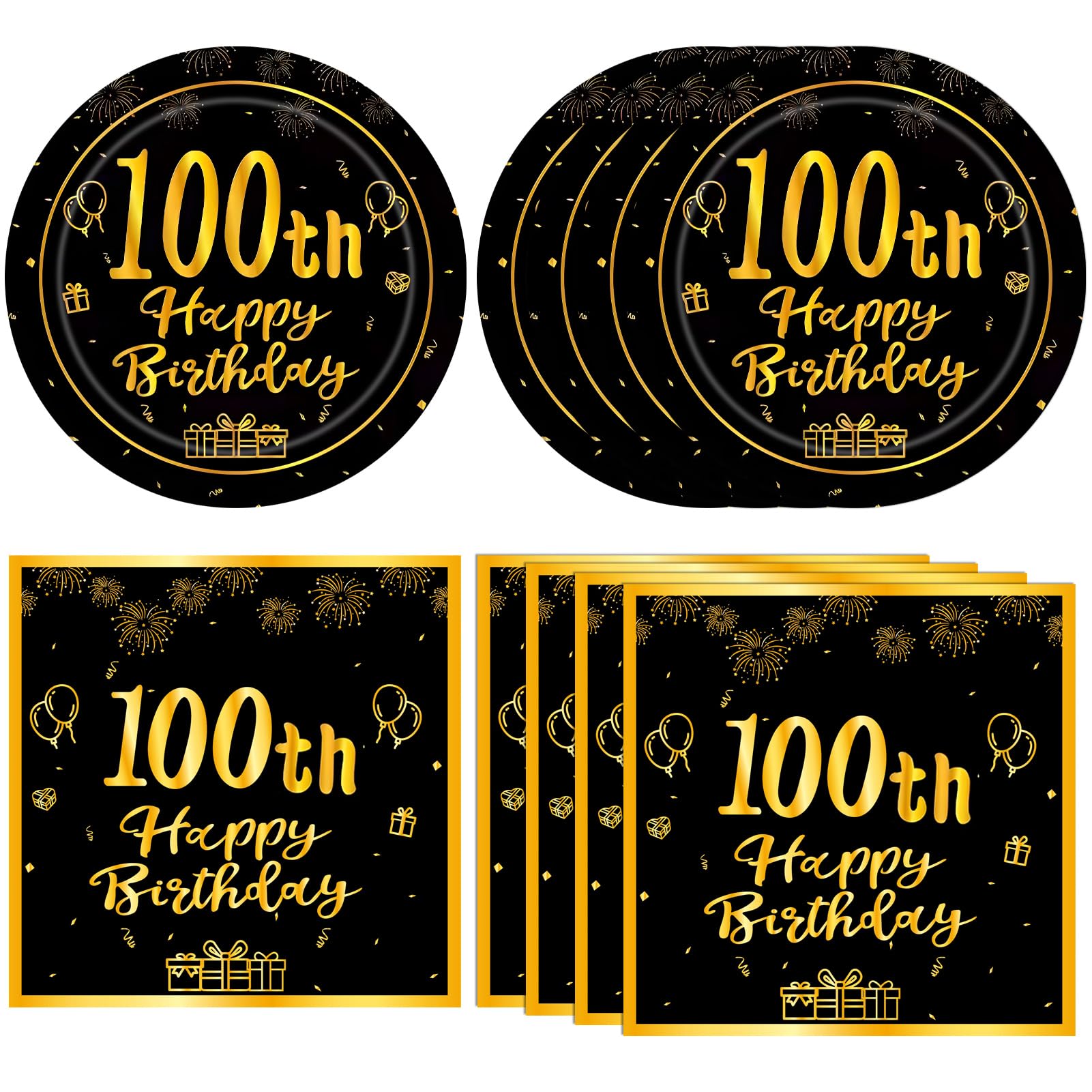 100th Birthday Decorations for Women Men Black Gold Vintage 1926 Aged to Perfection Table Tableware Set 100 Year Old Birthday Plates and Napkins For Happy 100th Bir thday Party Supplies