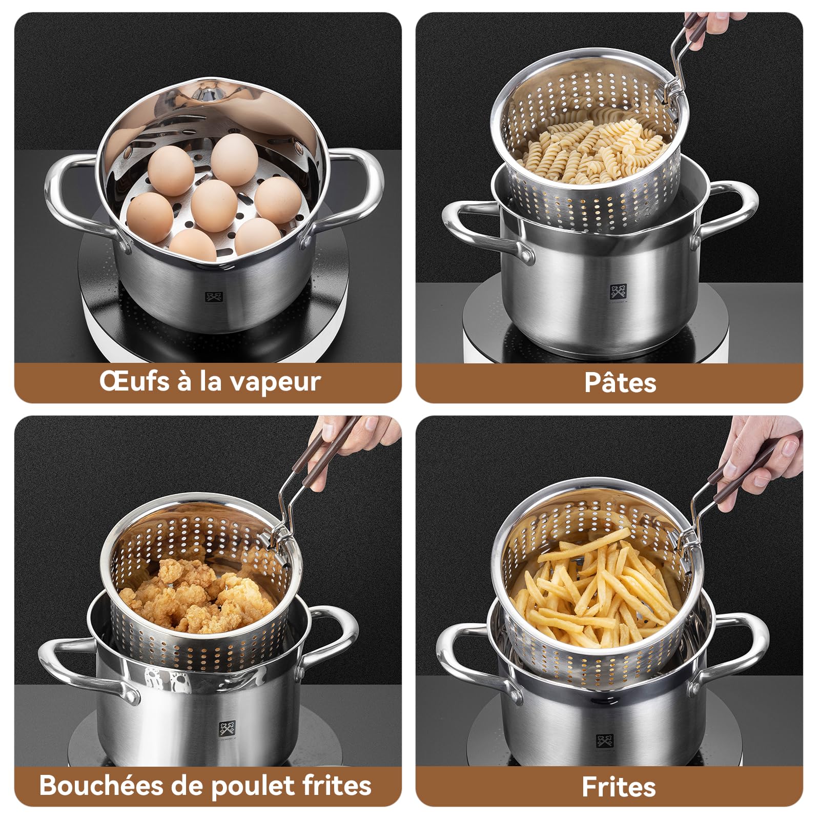 Friteuse en acier inoxydable 4L，Marmite à Friture en Acier Inoxydable avec Panier & Couvercle Verre pour Frites, Tempura, Gaz et Induction