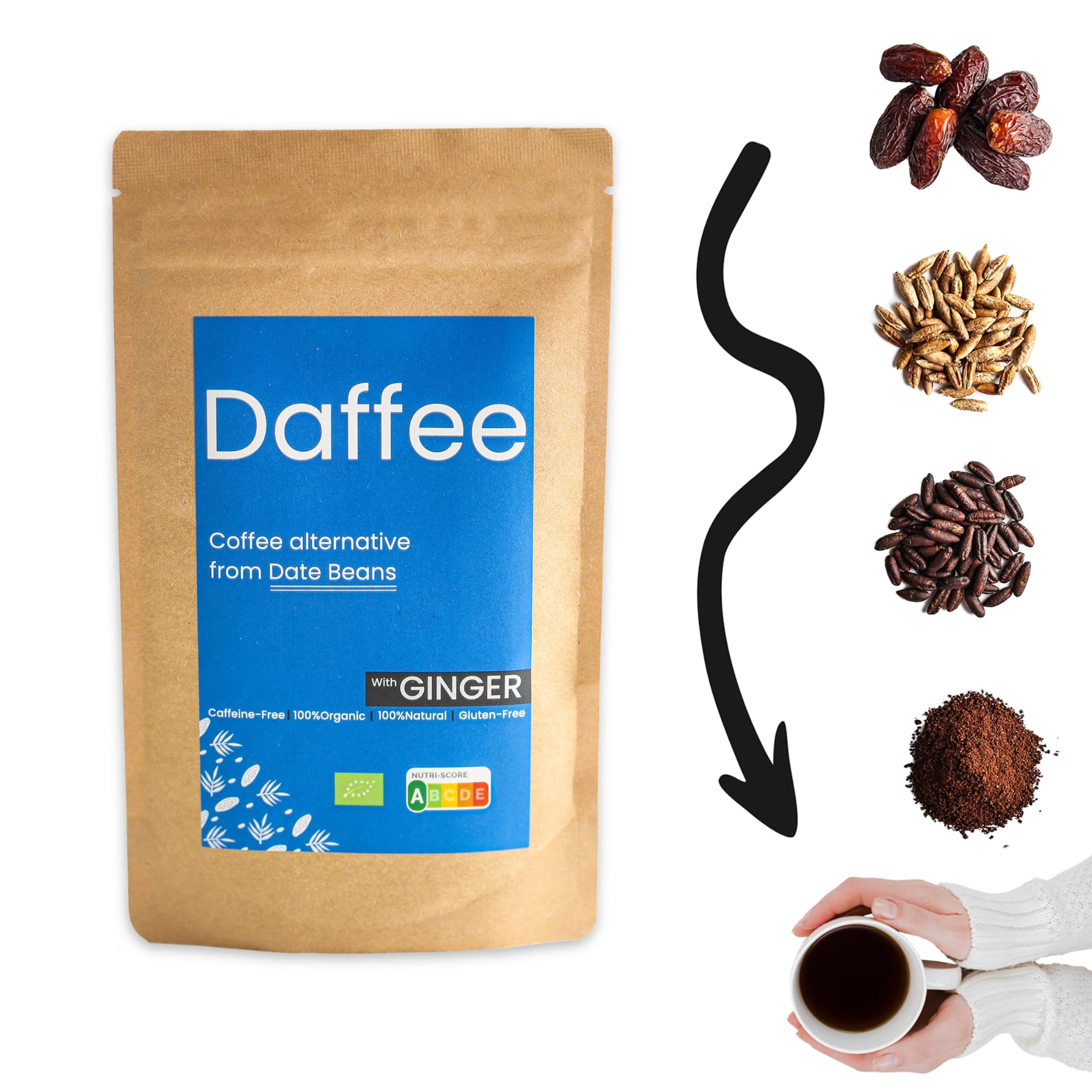 Daffee - Coffee Alternative made from Ground Organic Date Beans | Natural Ginger | Natural Caffeine Free Coffee Replacement – Decaf Coffee Substitute - No CAF | Nutri Score A, 250g