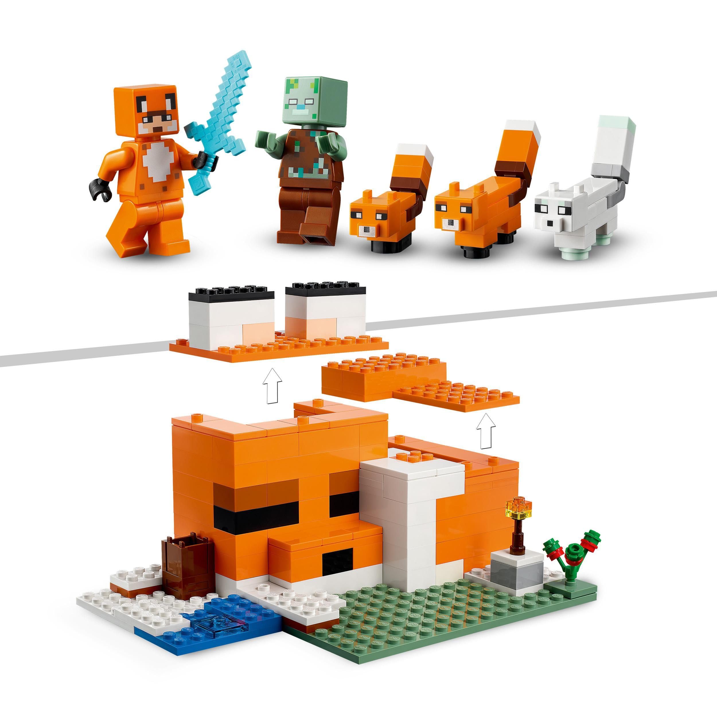 LEGO Minecraft Il Capanno della Volpe - Giocattolo da Esposizione con Eroe, Mob, Animali e Accessori tra cui una Spada di Diamante - Regalo per Gamer, Bambini, e Bambine da 8 Anni in su - 21178