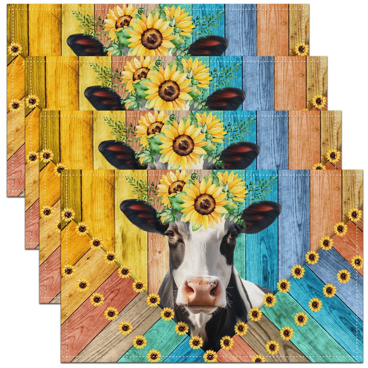 Set of 4 Cute 3D Cow Table Mats for Kids Boys Girls Yellow Sunflower Floral Placemats Colorful Vintage Wooden Place Mats Farmhouse Animal Waterproof Placemats,Heat Resisting 12x18 Inch