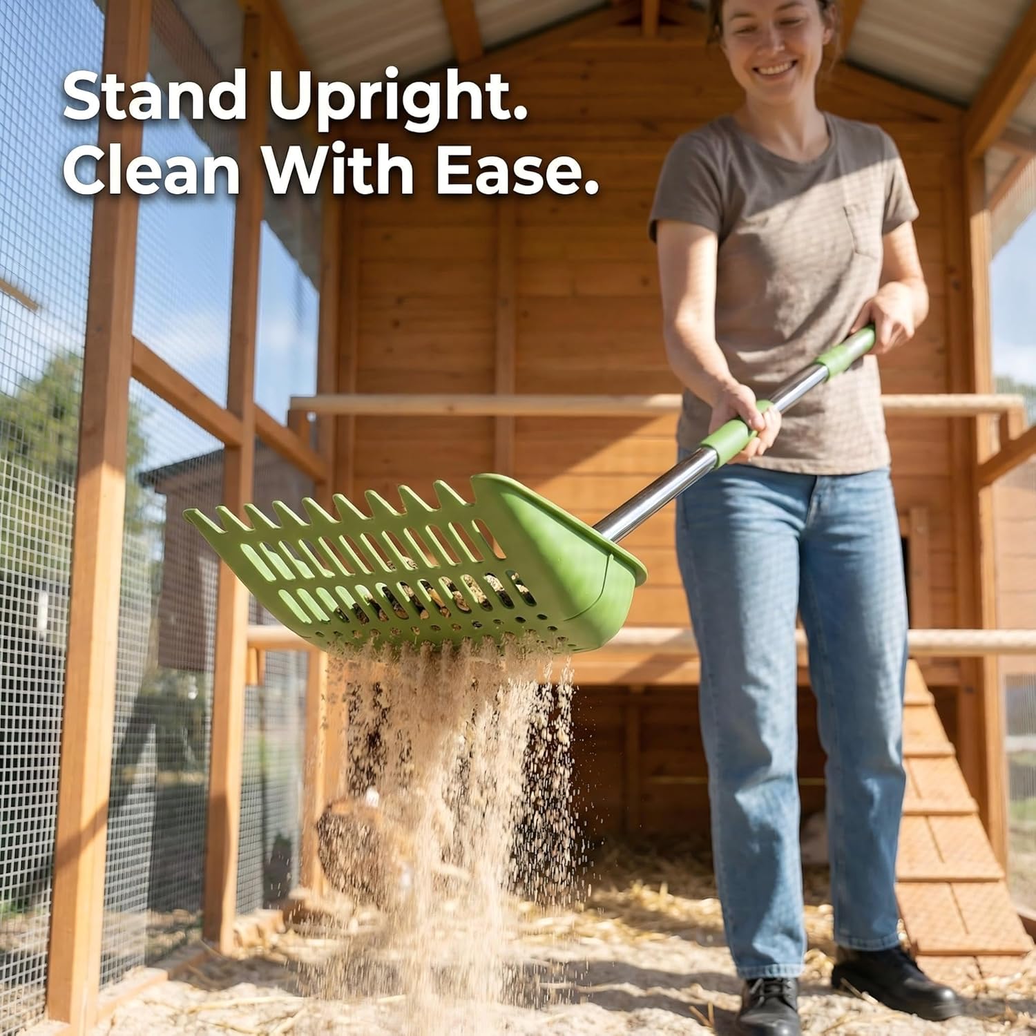 Chicken Poop Scooper, 2-in-1 Coop Scoop & Chicken Coop Rake, Sand Sifting Shovel with Adjustable Stainless Steel Handle, Up to 68 in, No-Bend Cleaning Tool - Patent-Pending