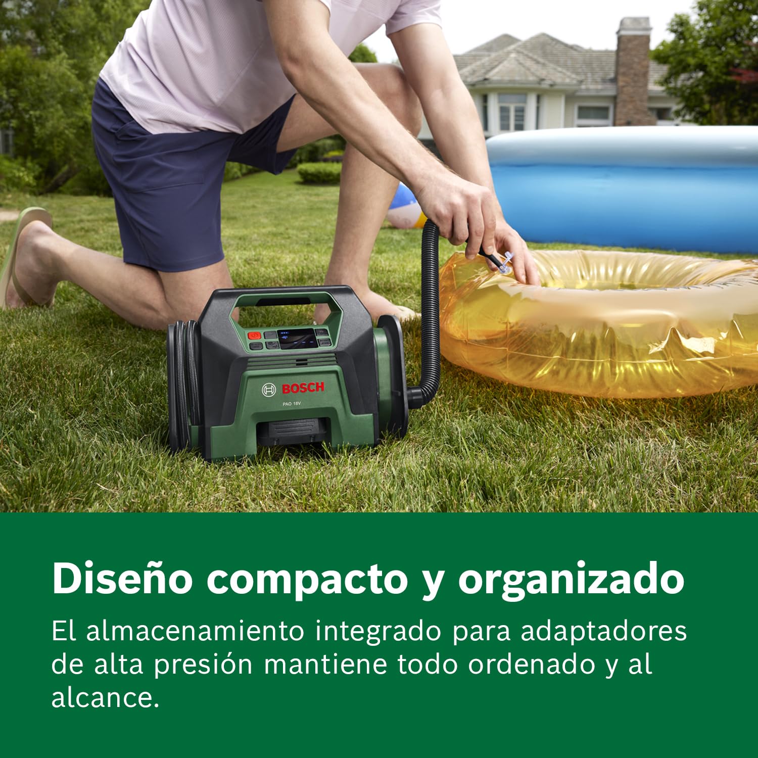 Bosch compresor de aire a batería PAO 18V (infla desde neumáticos a inflables grandes; clip aire comprimido válvula de neumáticos, válvula francesa, boquilla balones, adaptador volumen incl.)