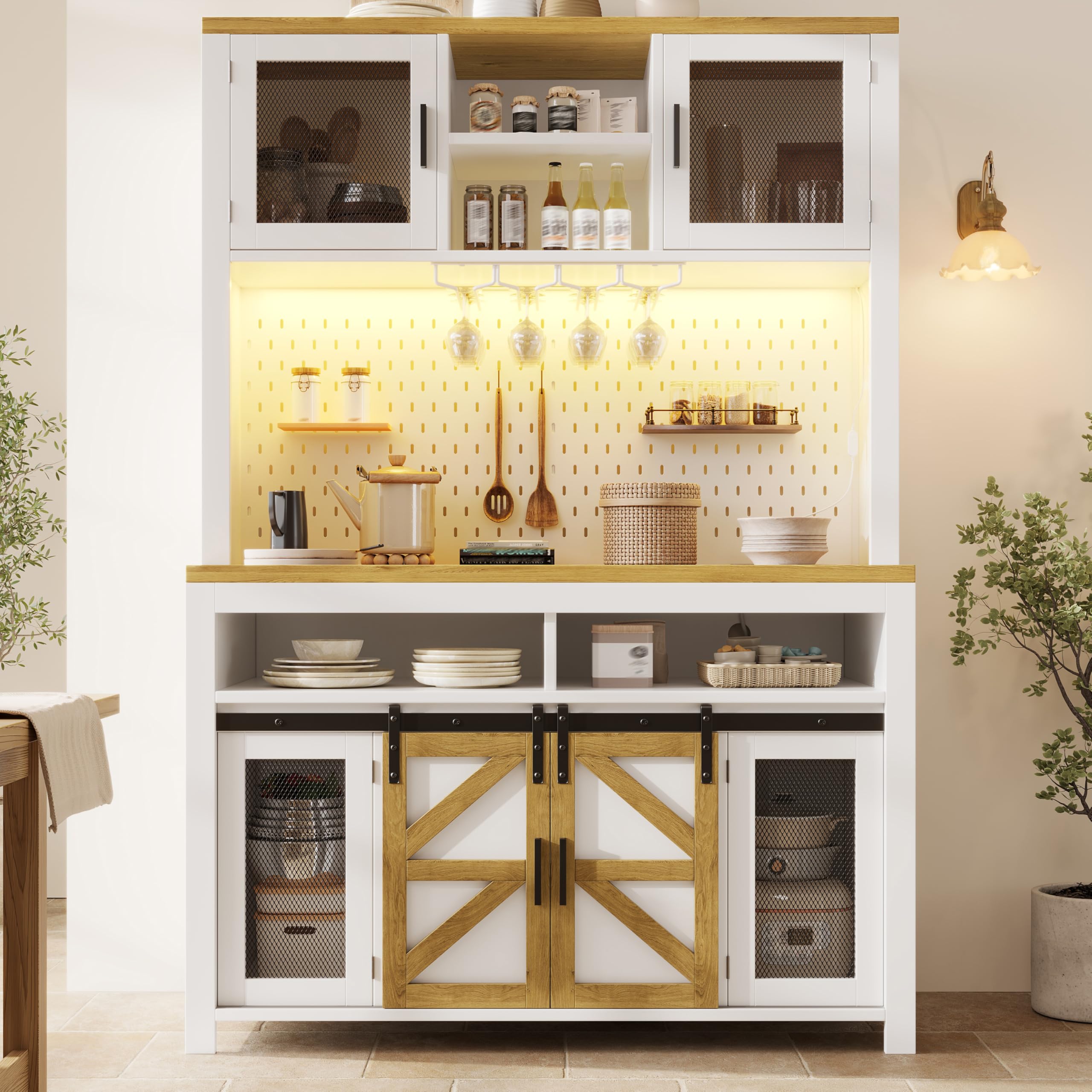 Küchenschrank mit LED-Beleuchtung und USB-Anschluss, Hochschrank mit Multifunktionaler Stauraum, Buffetschrank mit Metallgittertüren und Lochblech, Weiß-B, 120x40x174.5 cm