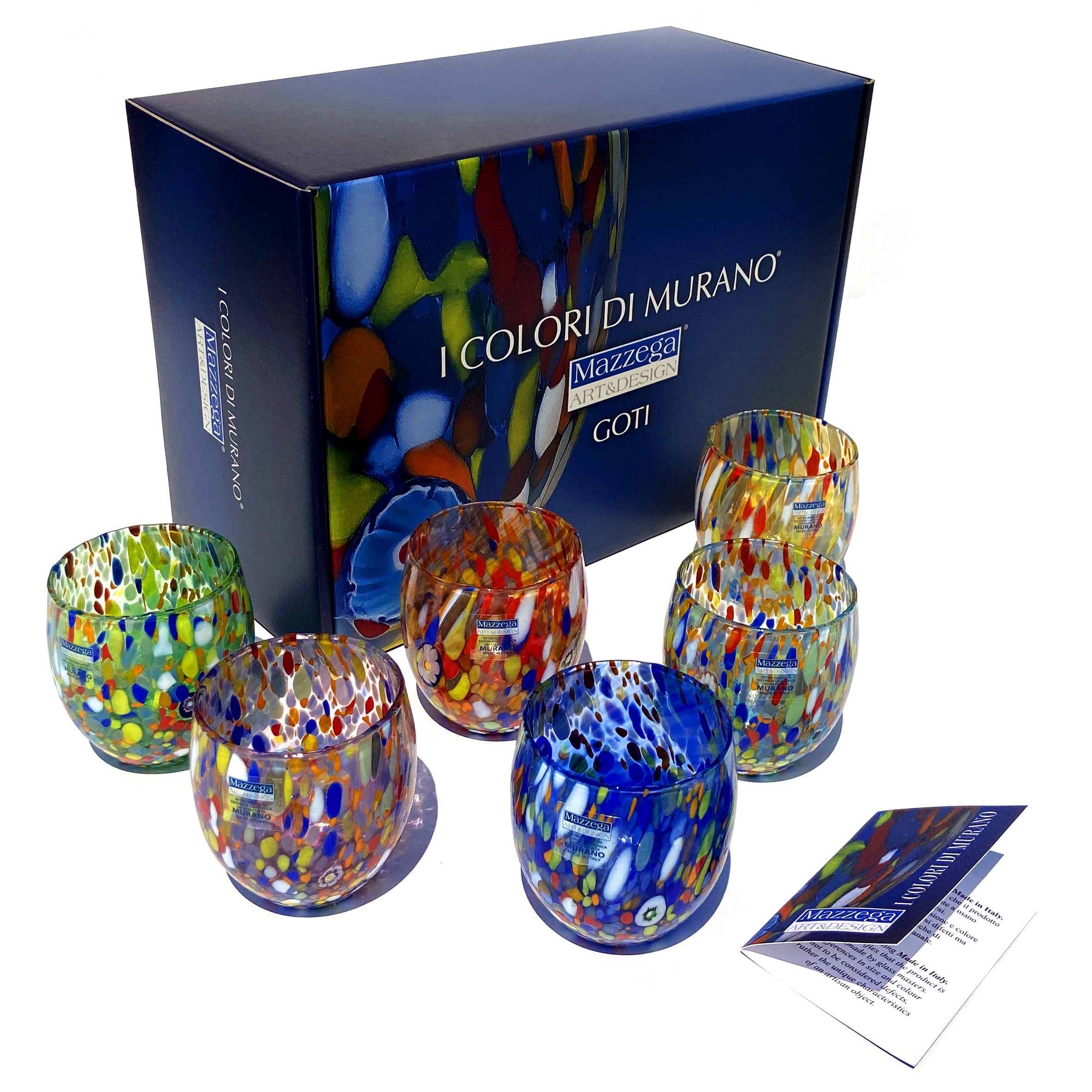 MAZZEGA ART & DESIGN - Set of 6 Handcrafted Blown Glass Water Glasses with Refined and Original Murano Murrine - The Colors of Murano - 'Classic 9,8 oz' Model. Made in Italy (6, Color Mix Gift Pack)