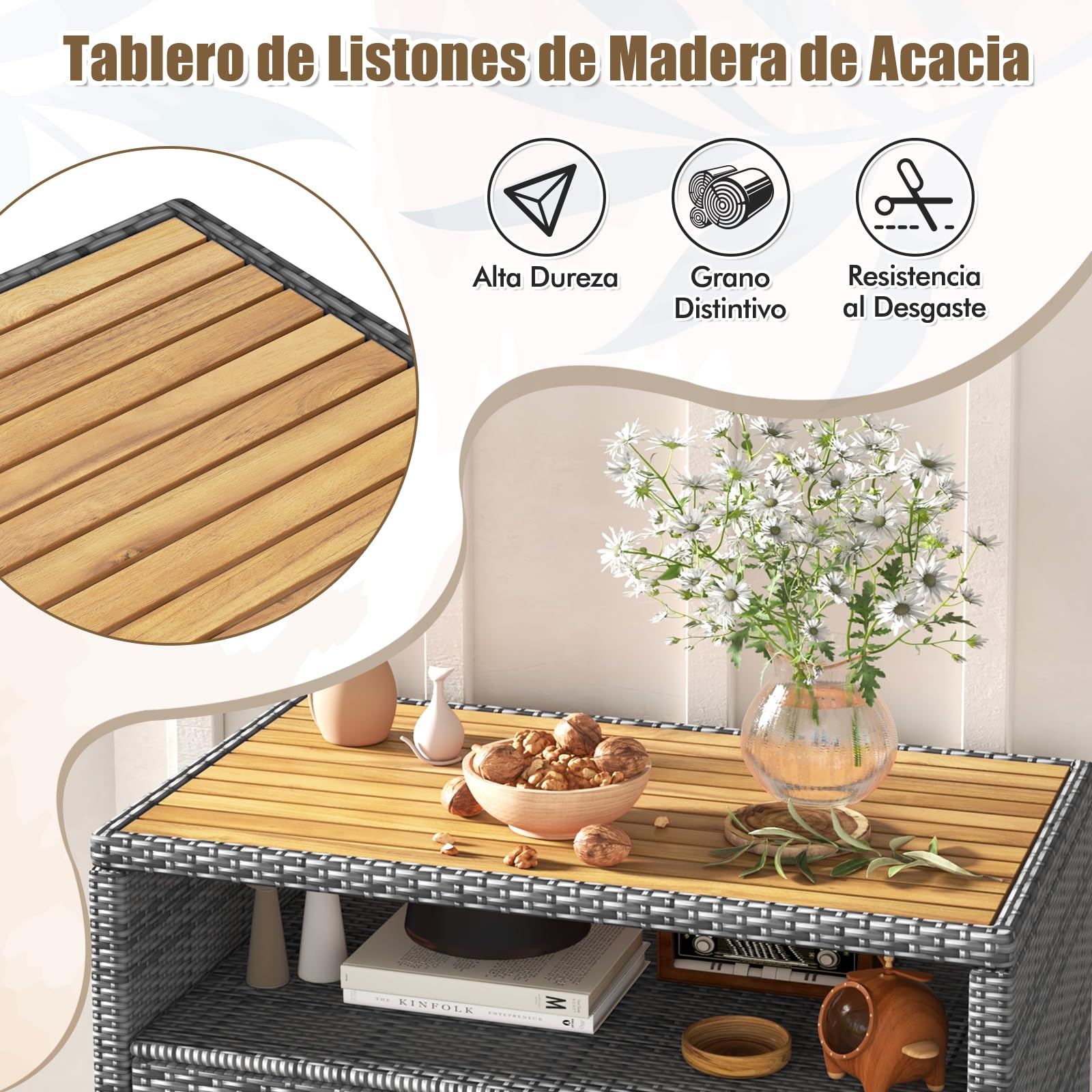 GYMAX Armario de Jardín de Ratán, Aparador con Encimera de Madera de Acacia, 2 Puertas y Estante Abierto, Mueble Exterior Almacenaje para Herramientas de Jardín, 90 x 53 x 86 cm (Gris)