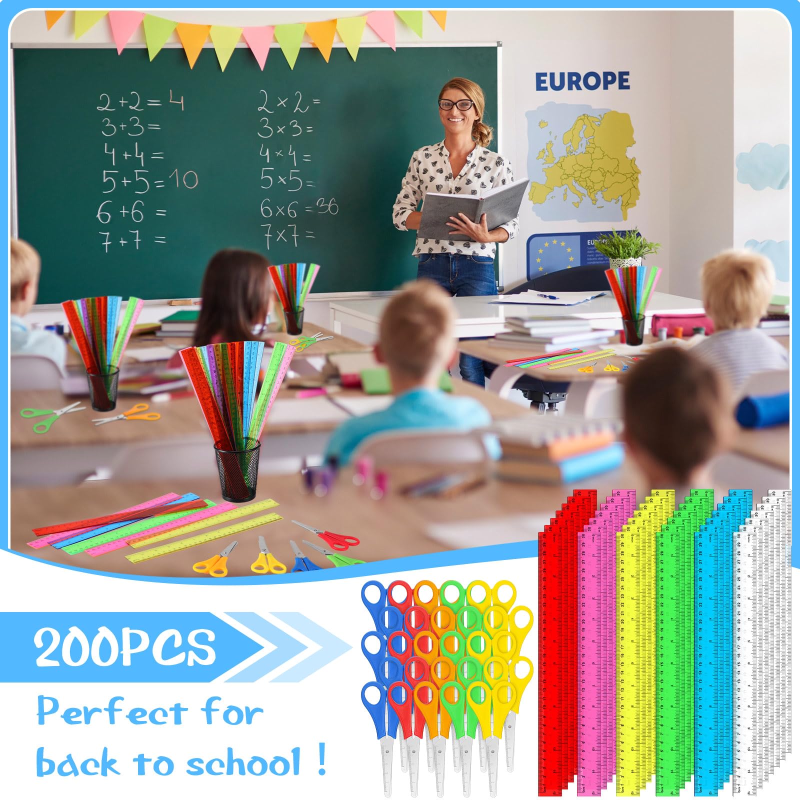 PerKoop 200 pezzi di forniture scolastiche con 100 forbici di sicurezza con punta smussata per studenti, 100 righelli in plastica da 30,5 cm, kit di forniture per il rientro a scuola per operazioni di