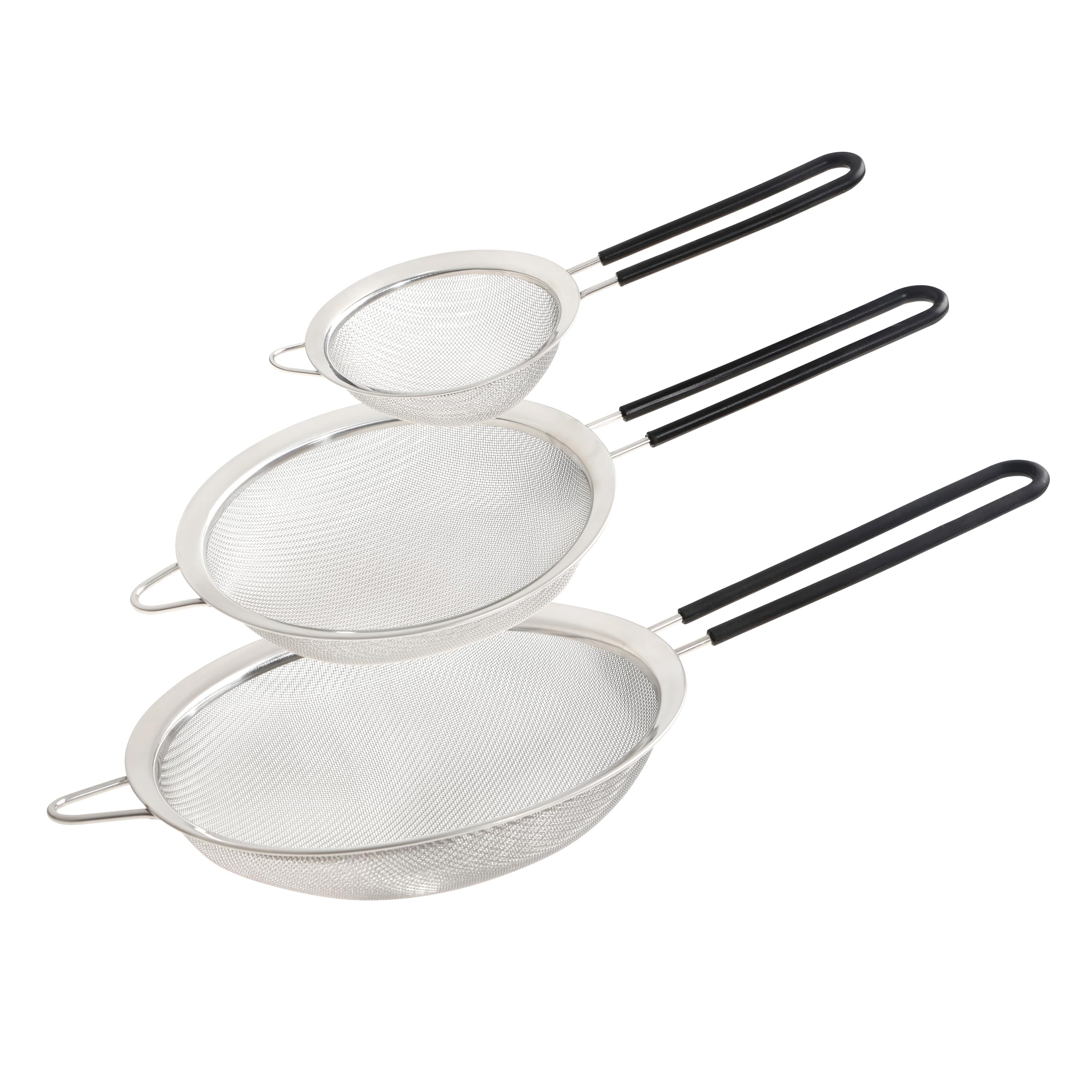Wiltshire Set of 3 Sieves, Stainless Steel Fine Wire Mesh Strainer with Non-Slip Silicone Coated Handle, Colander & Sifter, Sift Strain Drain & Rinse, 10cm 15cm & 20cm, Dishwasher Safe, Midnight Black