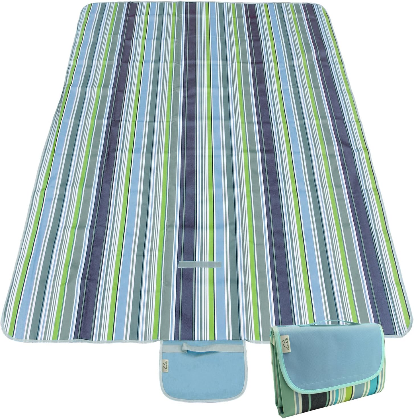 CampTeck Extra Large (200 x 145cm) Folding Picnic Blanket Waterproof Backing Travel Picnic Rug for Outdoors, Beach, Camping with Handle - Blue Stripe