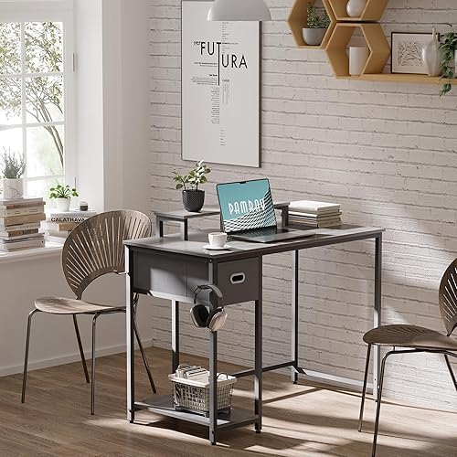 Miniatura 2 de Pamray Escritorio para computadora de 55 pulgadas con cajones de almacenamiento y soporte para monitor, escritorio de oficina en casa para