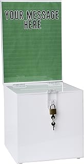Clear-Ad - Acrylic Donation, Ballot, Raffle or Suggestion Box with Lock and Sign Holder - Plastic Comment or Compaint Container - Plexiglass Multipurpose Box with Slot - White (8x8)
