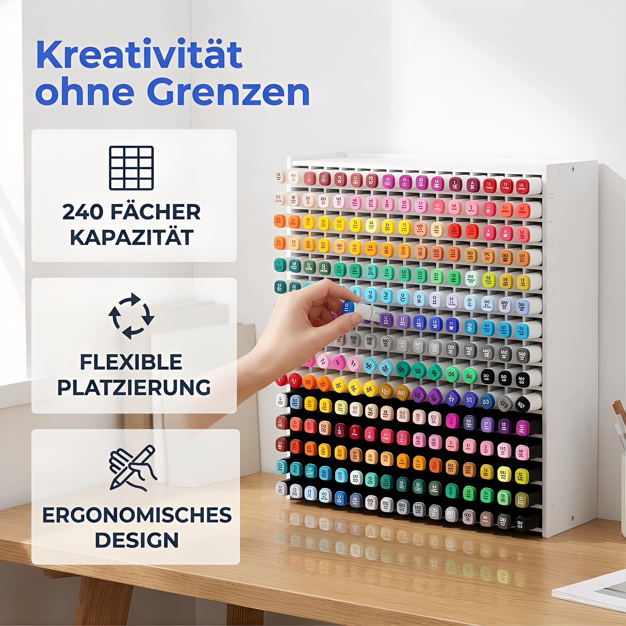 240 Fächer Stifte Organizer Schreibtisch, Großer Marker Organizer mit Verstellbaren Trennwänden, Robuster Stiftehalter Aufbewahrung für Marker, Stiftebox für Kinder, Künstler & Büro (Weiß)