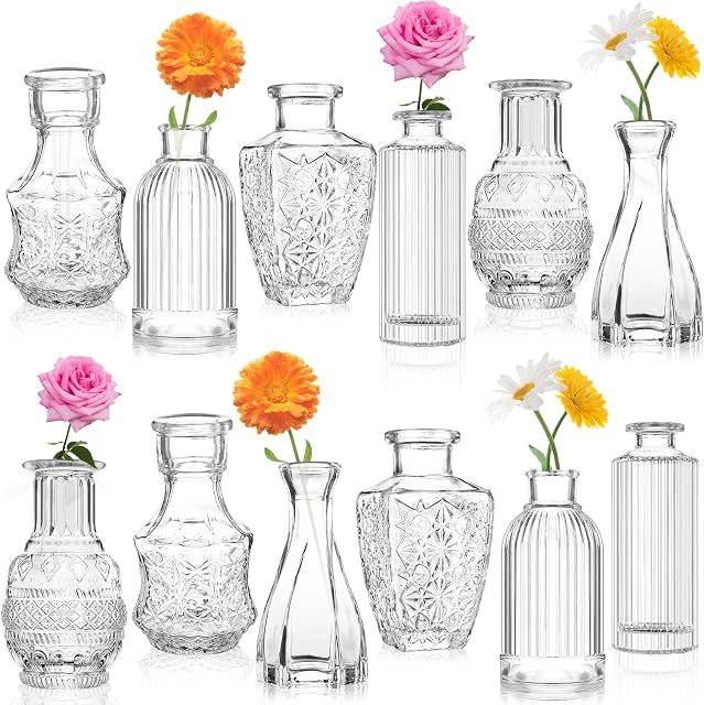 Vase for Flowers Set of 12 Vintage Glass Vases Small Bud Vase Great for Room Decor,Bedroom Decor,Home Decor