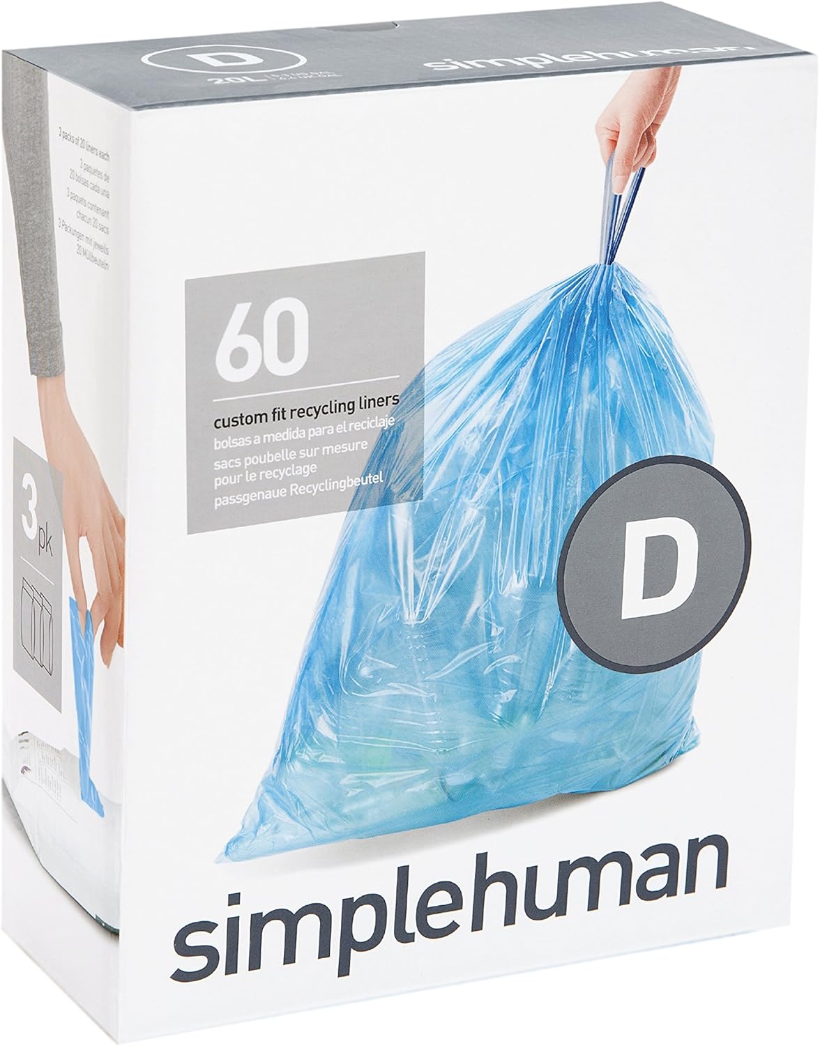 simplehuman Code D Custom Fit Recycling Liners, Drawstring Trash Bags, 20 Liter / 5.2 Gallon, 3