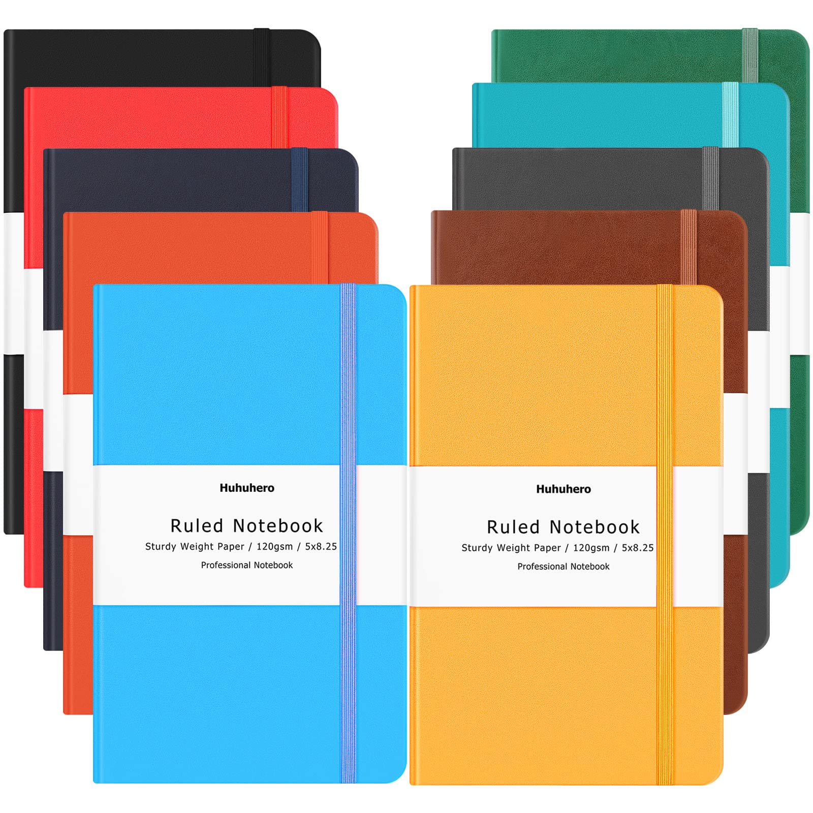 Huhuhero 10 Colors Lined Journal Notebook, A5 Hardcover Notebooks for Work, 120GSM Thick Paper, 128 Pages College Ruled Notebook for Writing Business Journaling, 5"×8.25"