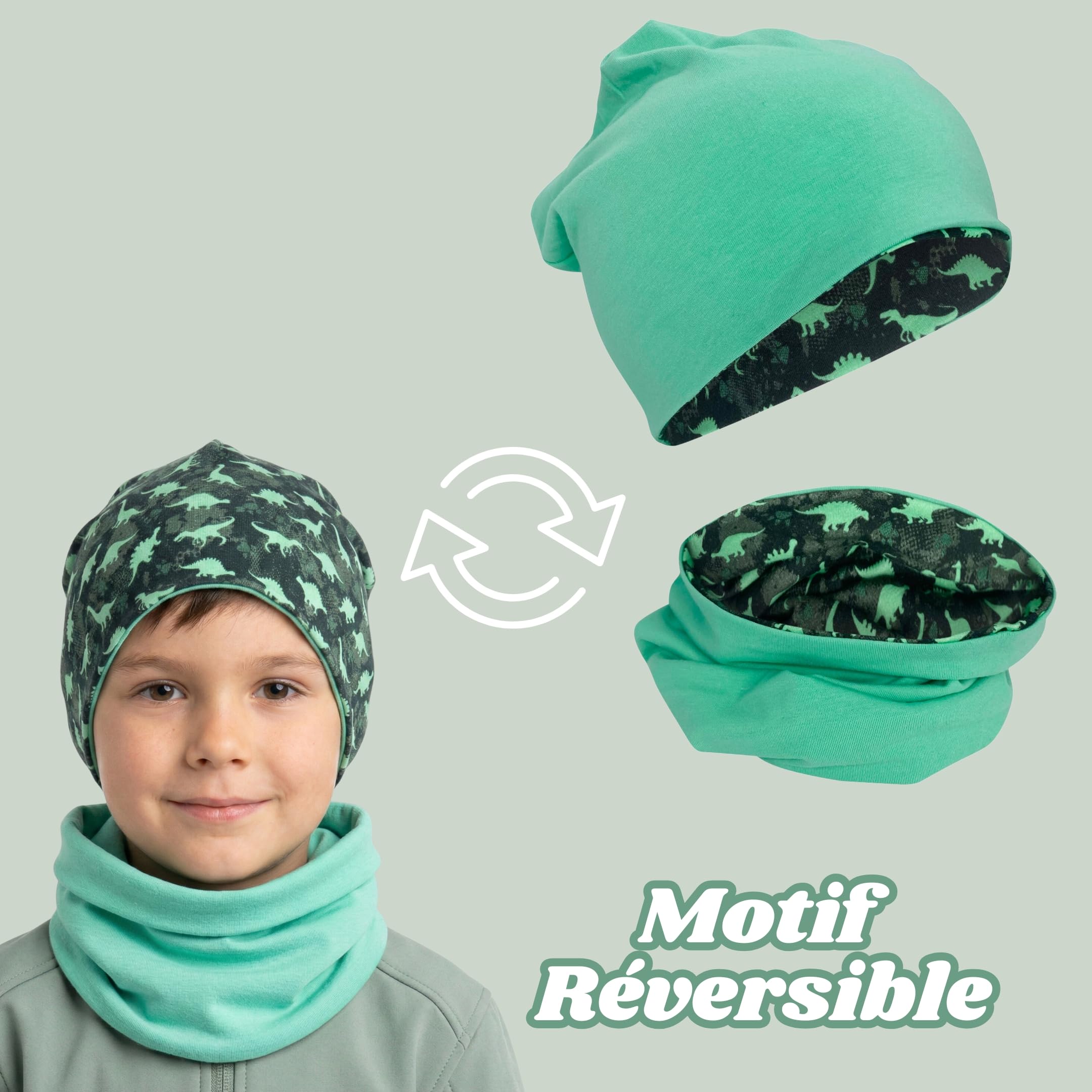 HECKBO Ensemble bonnet beanie et tour de cou pour enfants – intérieur en polaire ou jersey (réversible) – unisexe filles/garçons – 95% coton – pour l’automne, le printemps et l’hiver