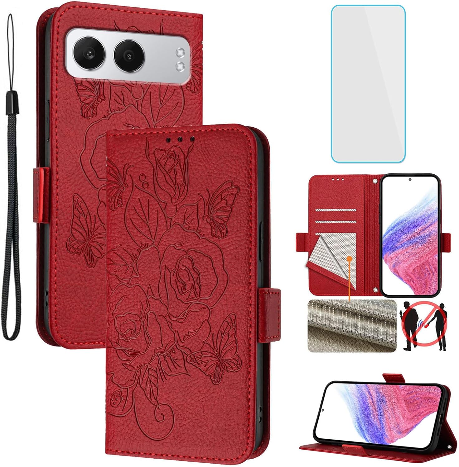 for OnePlus Nord 4 5G Phone Case Wallet and Screen Protecter RFID Blocking Credit Card Slot Kickstand Embossed Women Cell Phone Flip Cover for One Plus Nord 4 1 Plus 1+ Nord4 5G Red