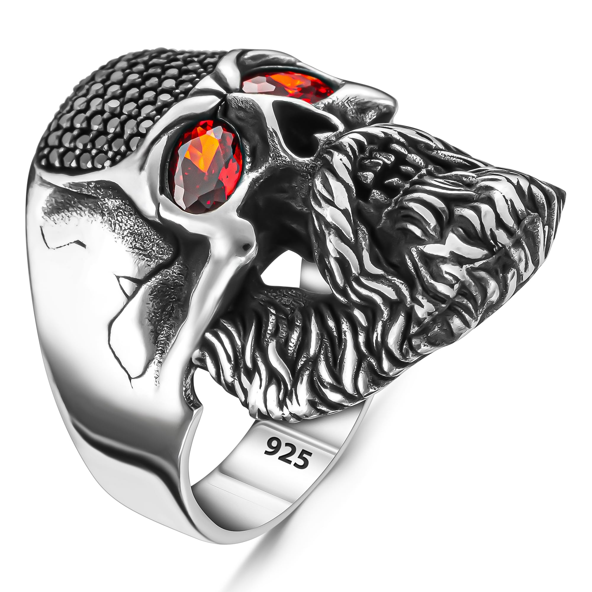 TakilingoSolid 925 Sterling Silver Black Red Micro Stone Skull Gothic Biker Men's Ring Skull Skeleton Ring